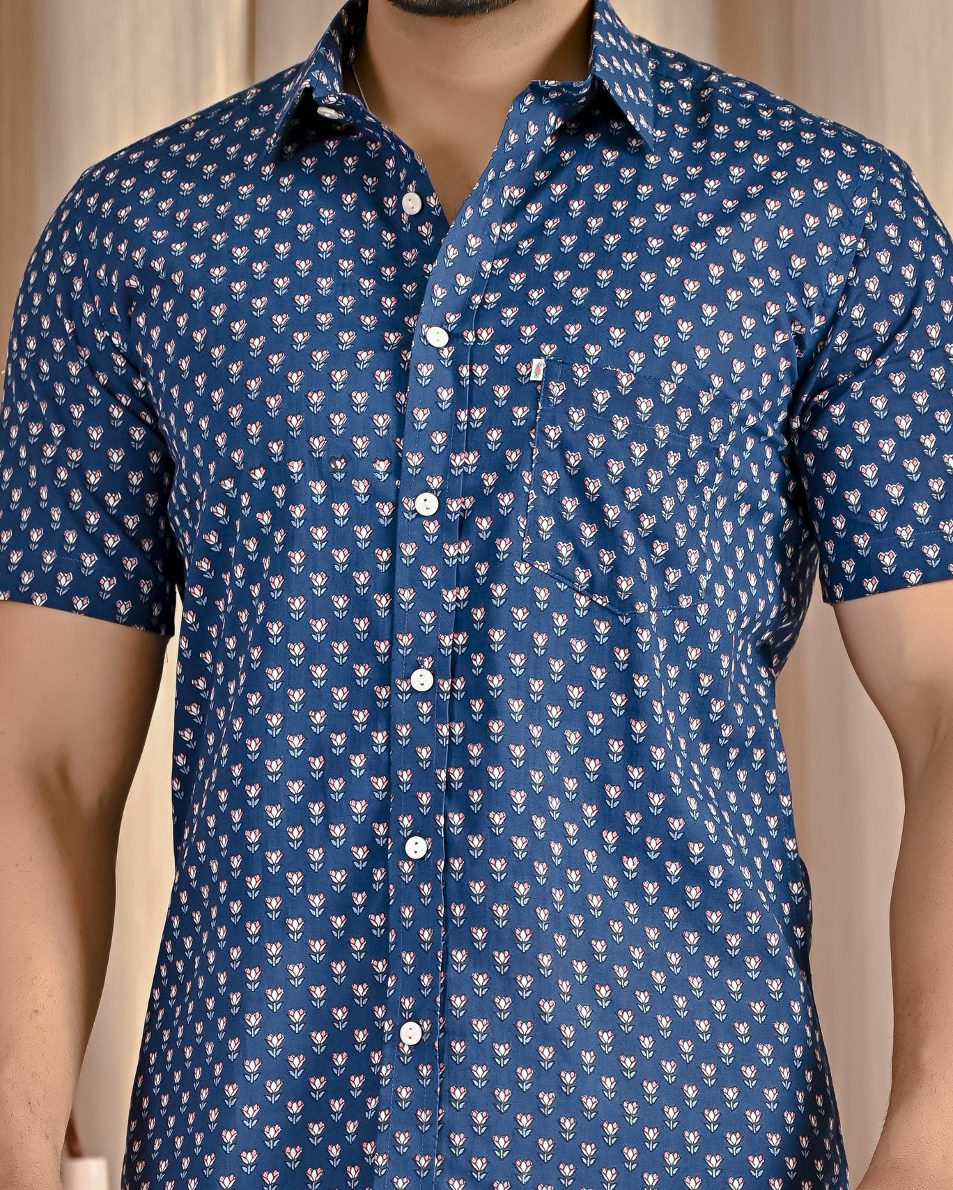 Blue Cotton Printed Half Sleeves Shirt