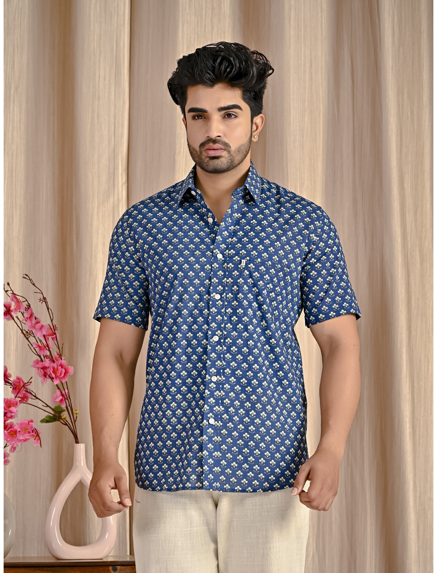 Blue Cotton Printed Half Sleeves Shirt