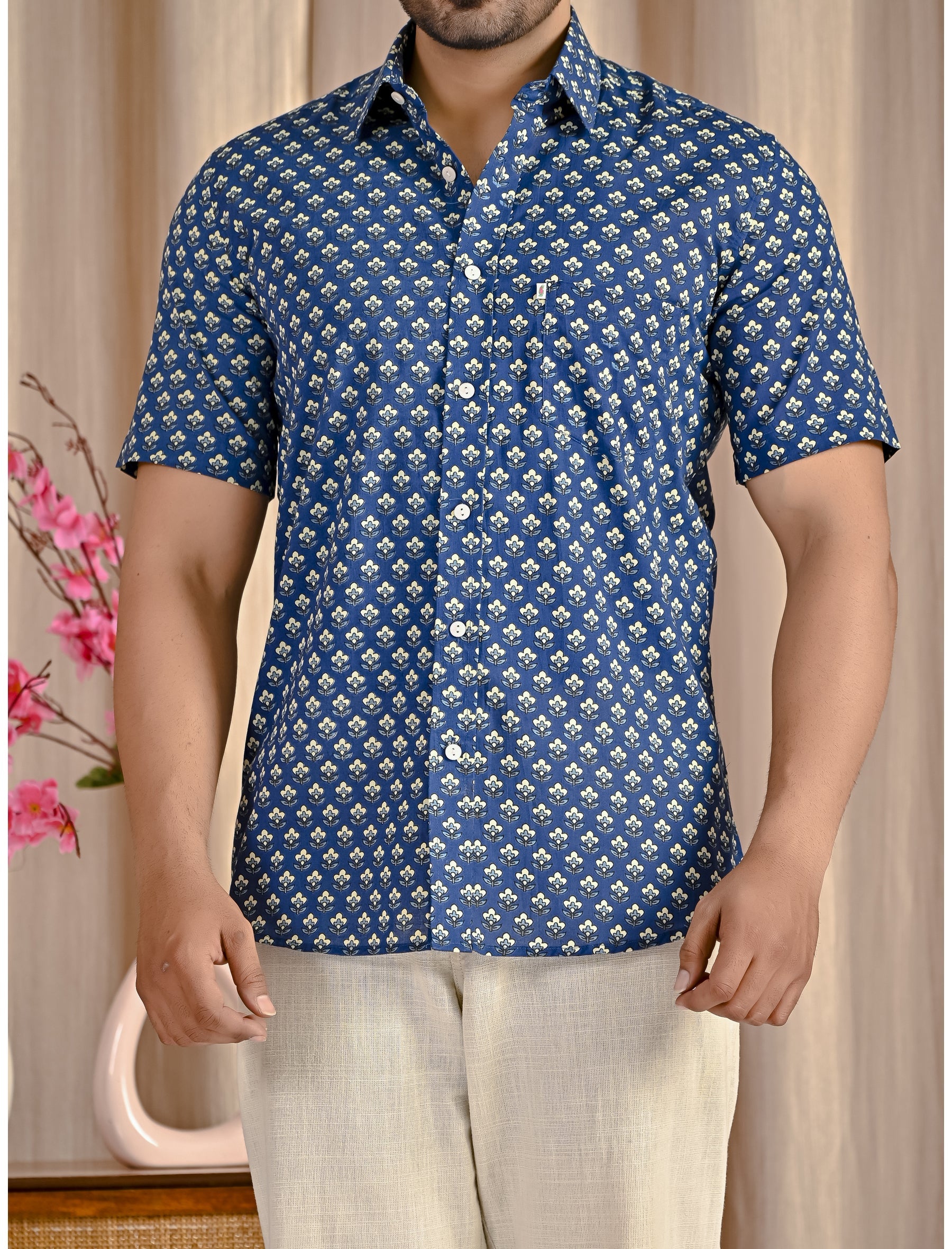 Blue Cotton Printed Half Sleeves Shirt