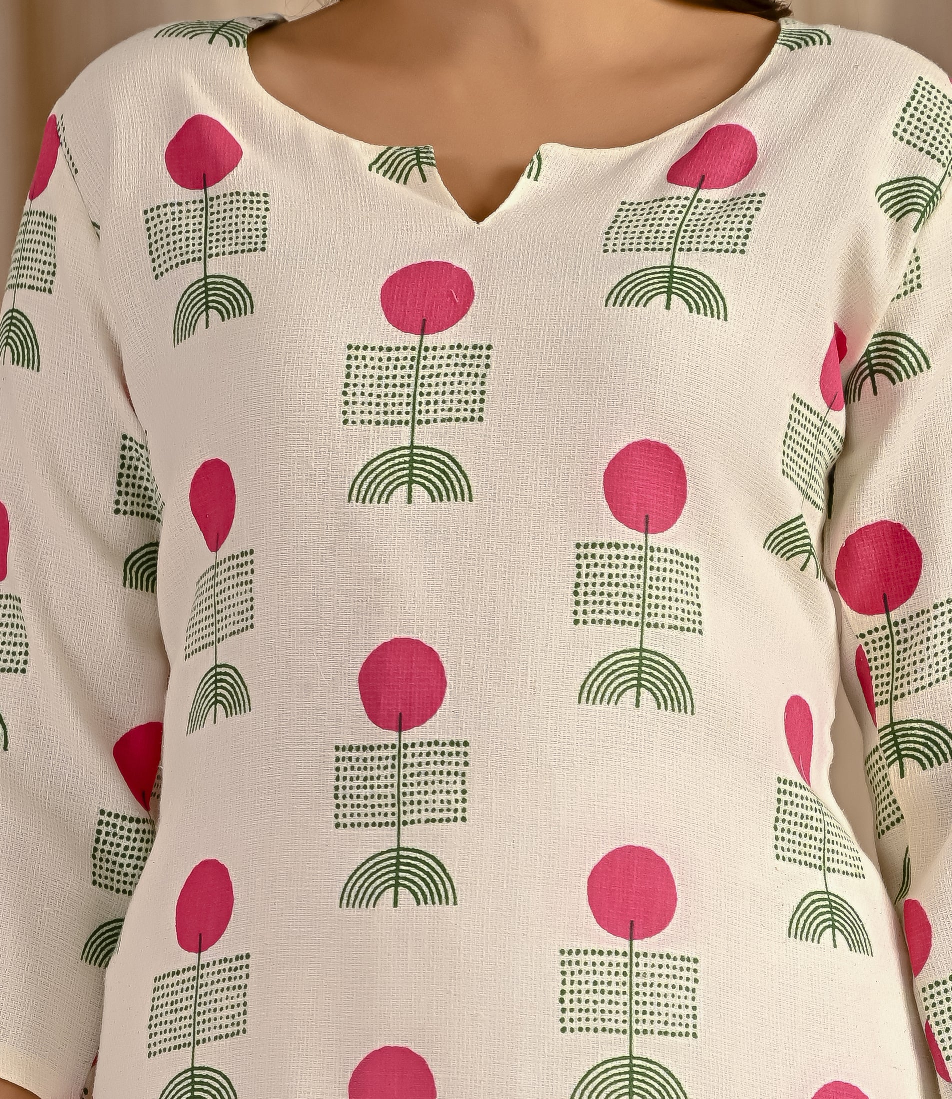 White Pink Butta Block Printed Jute Cotton Straight Kurti