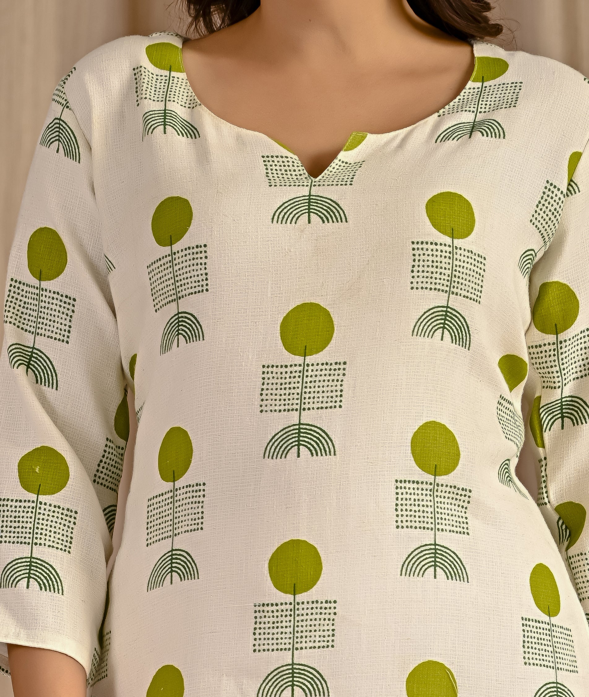 White Green Butta Block Printed Jute Cotton Straight Kurti
