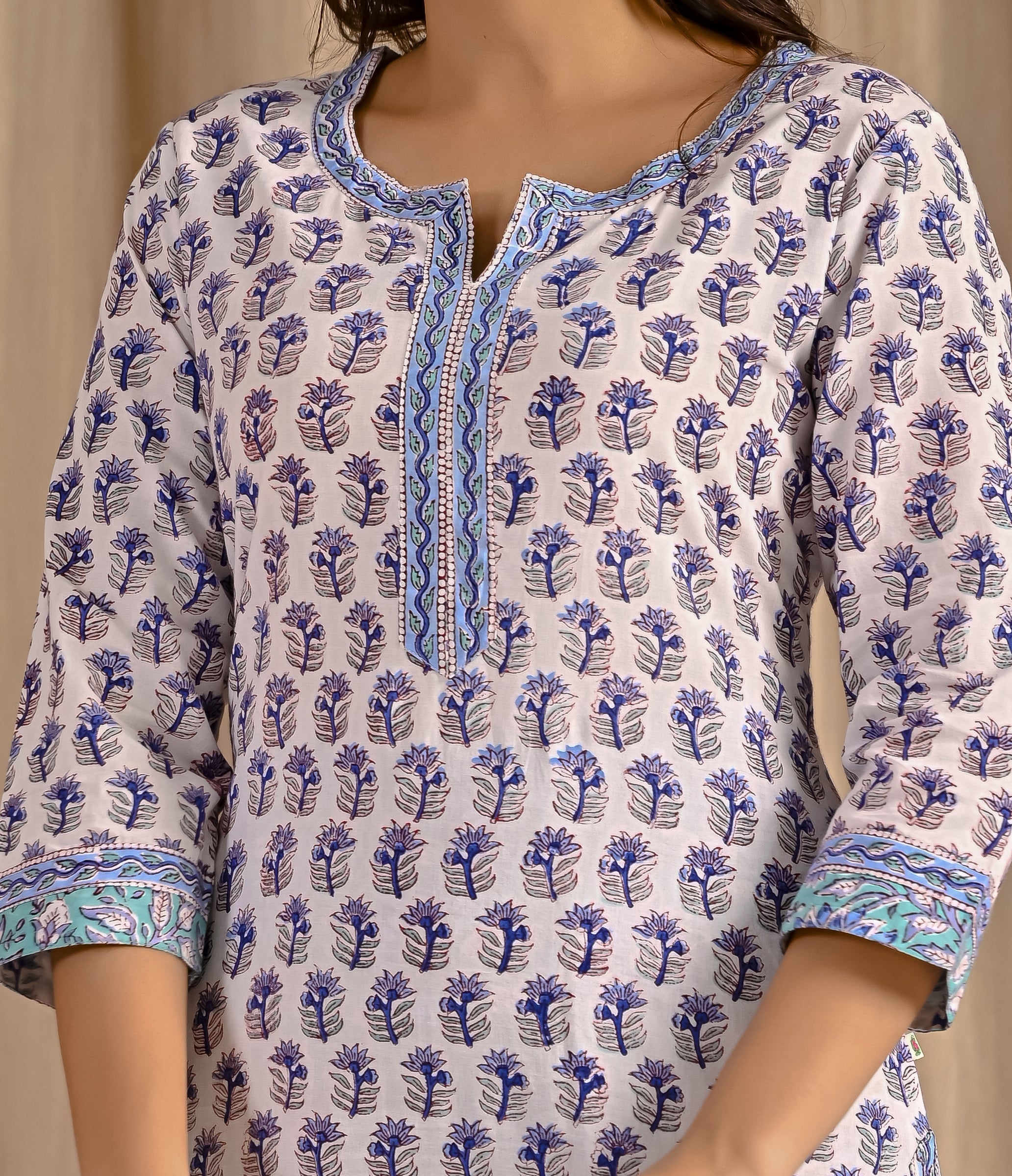 White Grey Butta Block Printed Cotton Kurta Pant Set