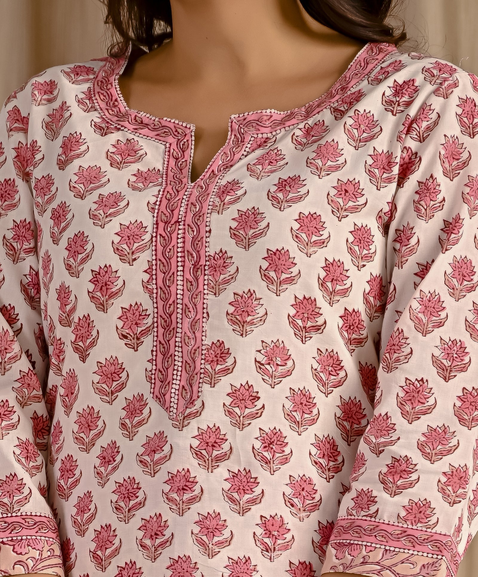 White Pink Butta Block Printed Cotton Kurta Pant Set