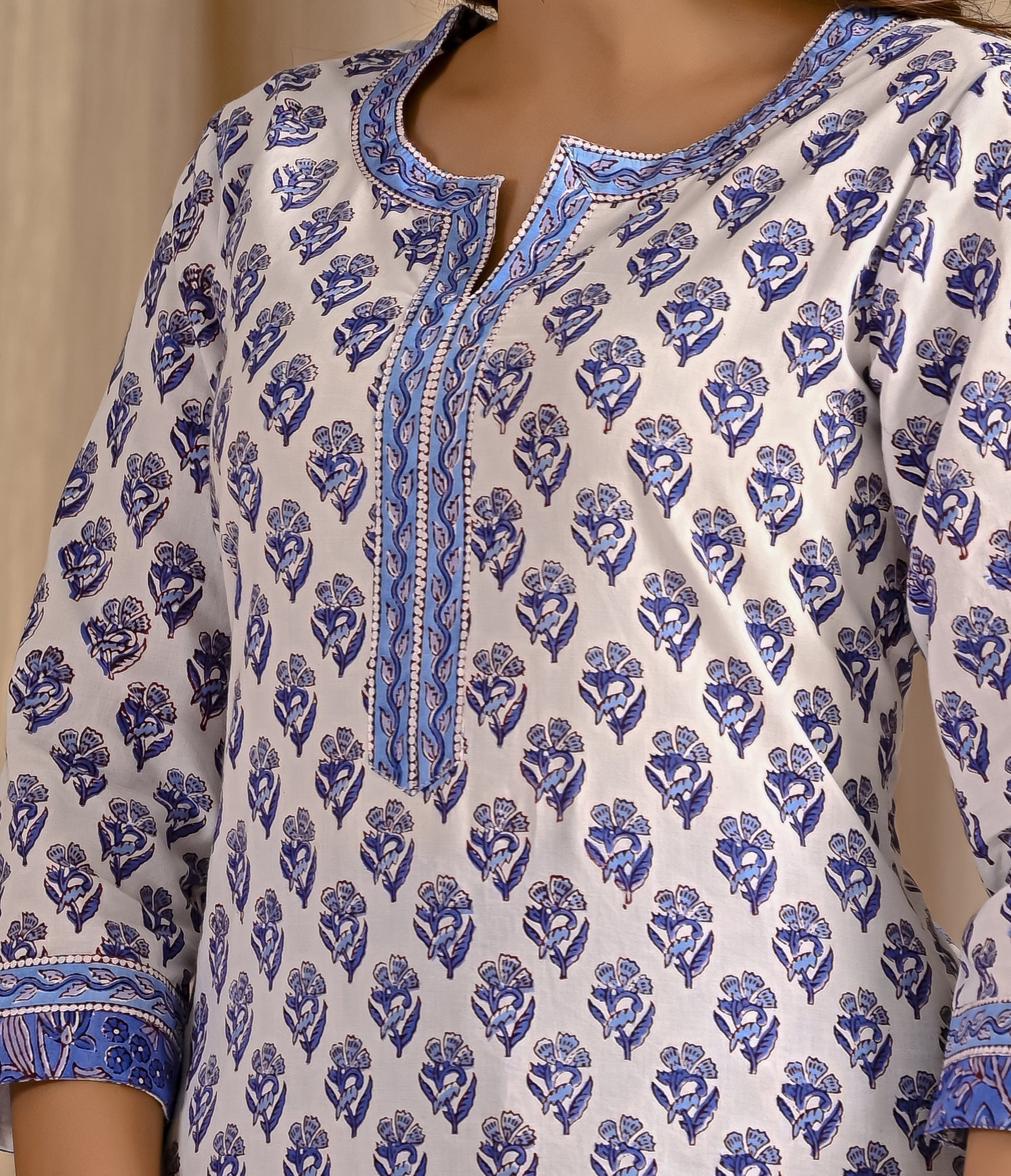 White Blue Butta Block Printed Cotton Kurta Pant Set