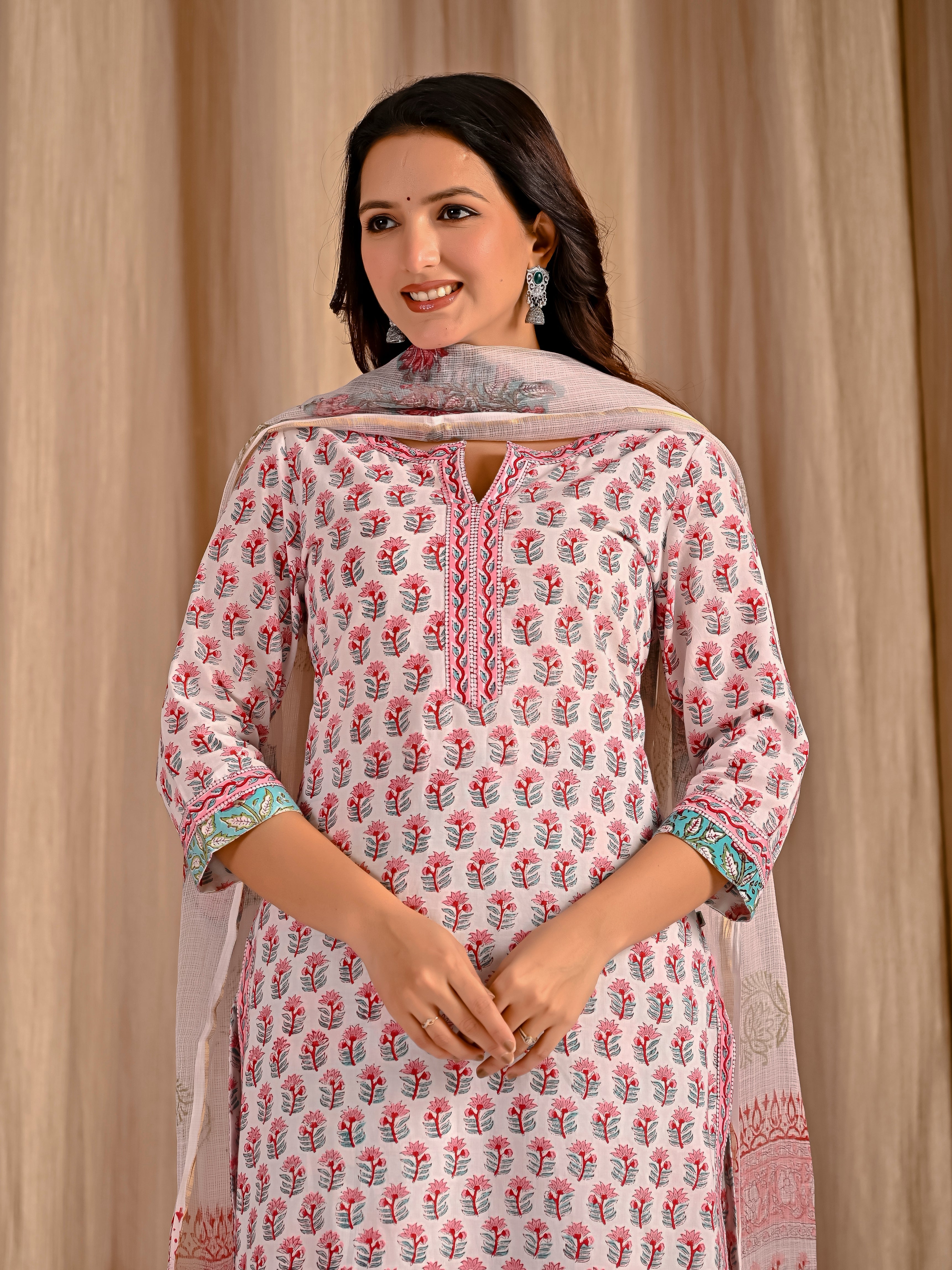 White Pastel Butta Block Printed Cotton Kurta Pant Set