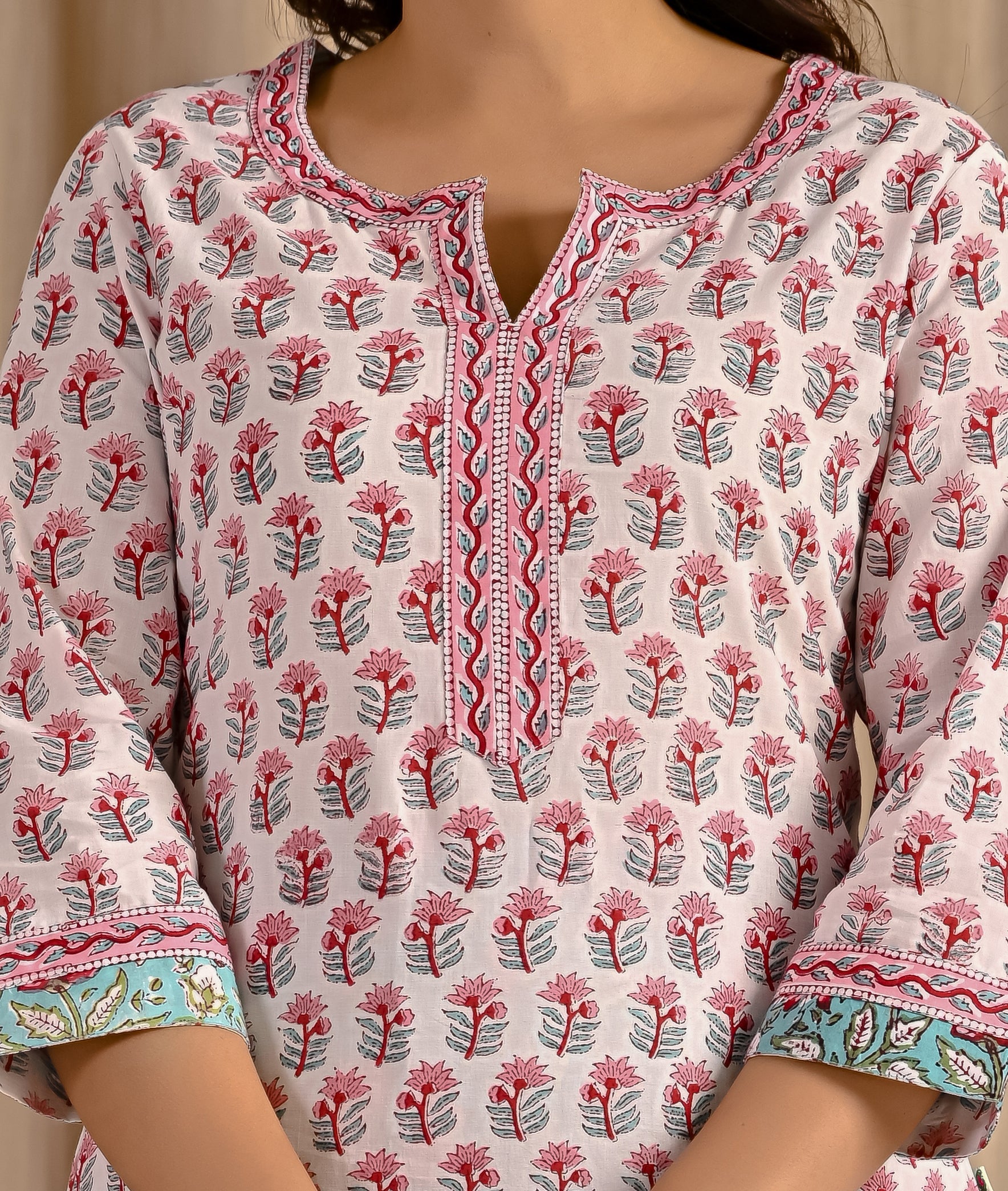 White Pastel Butta Block Printed Cotton Kurta Pant Set