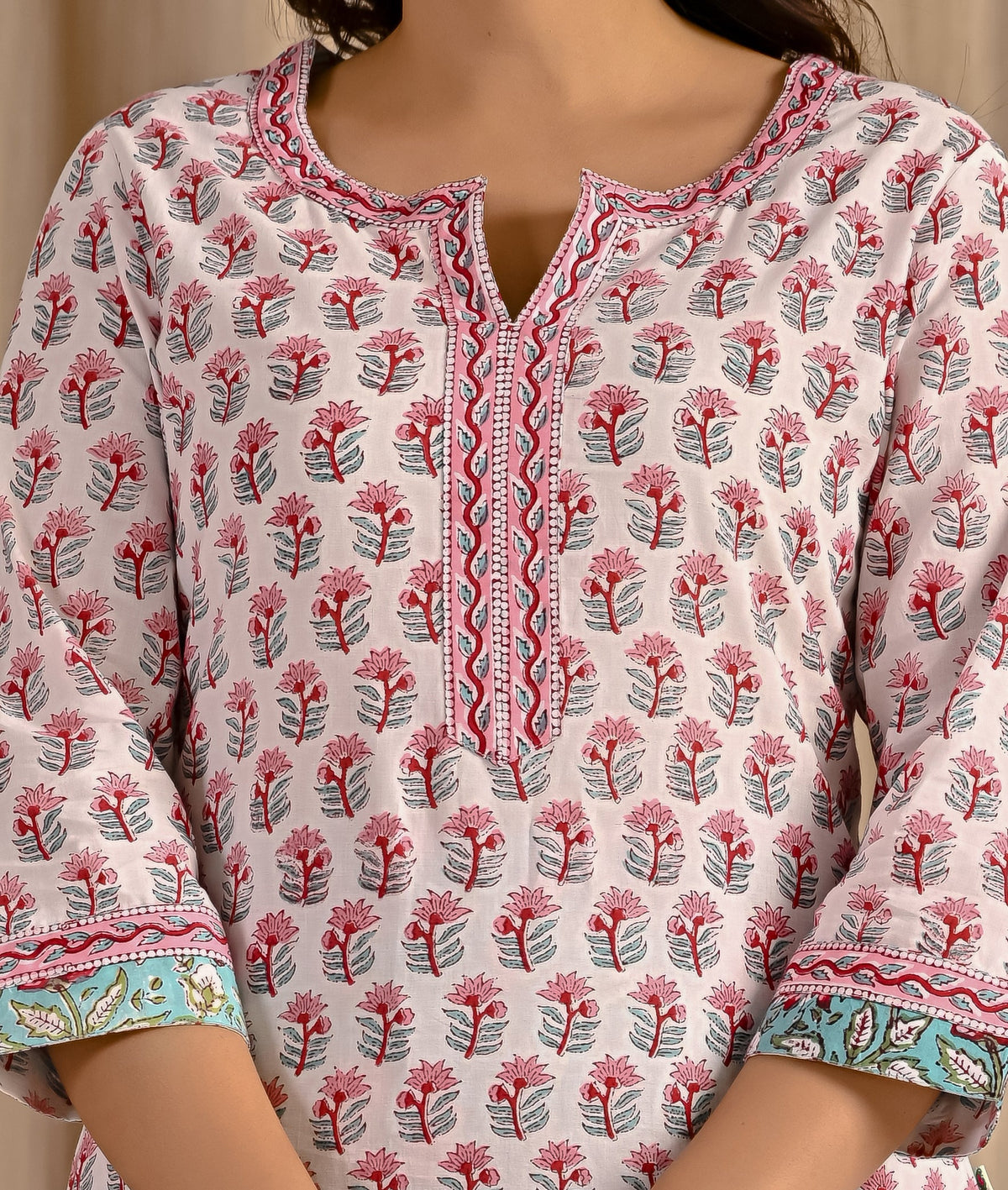 White Pastel Butta Block Printed Cotton Kurta Pant Set