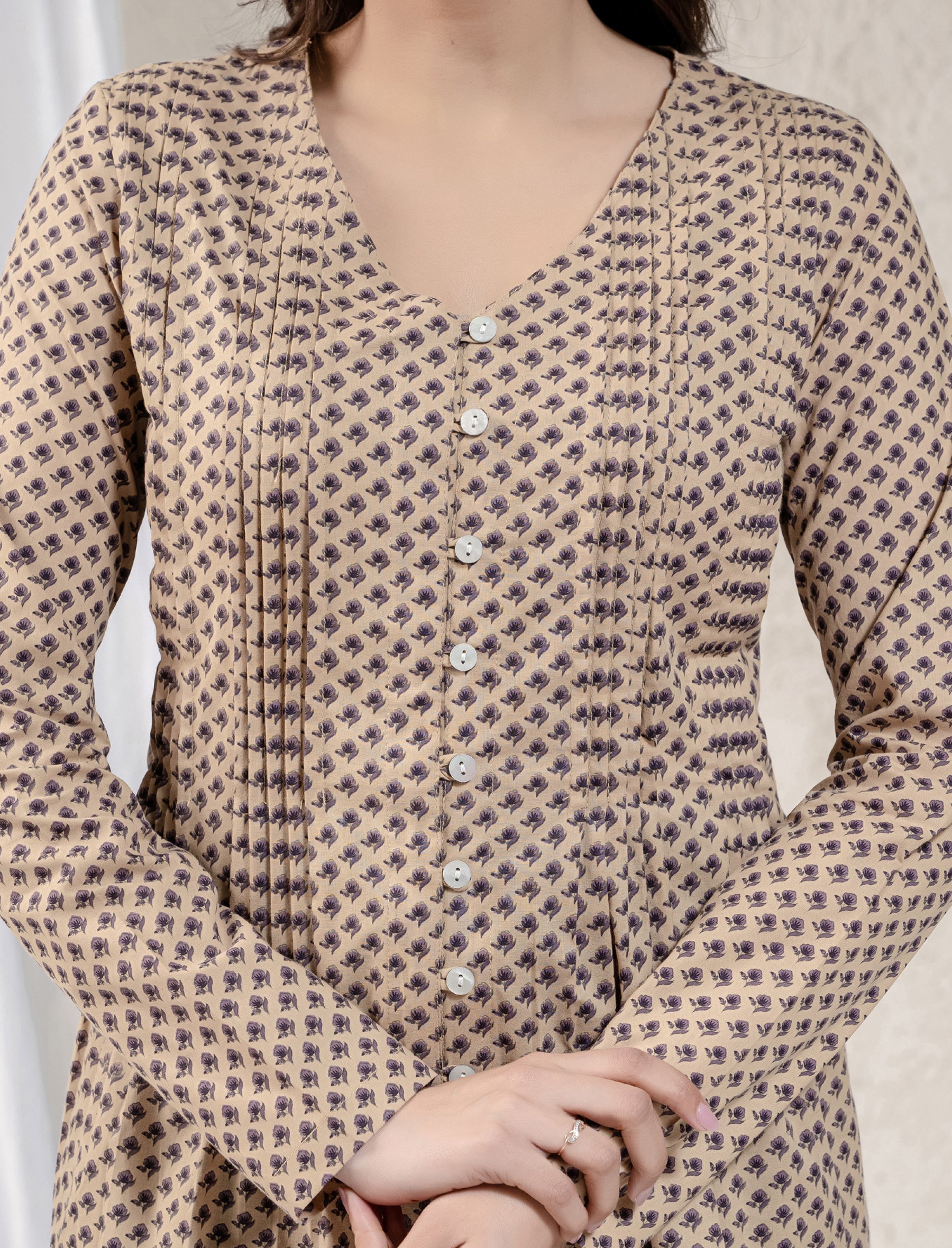 Beige Block Printed Cotton Top