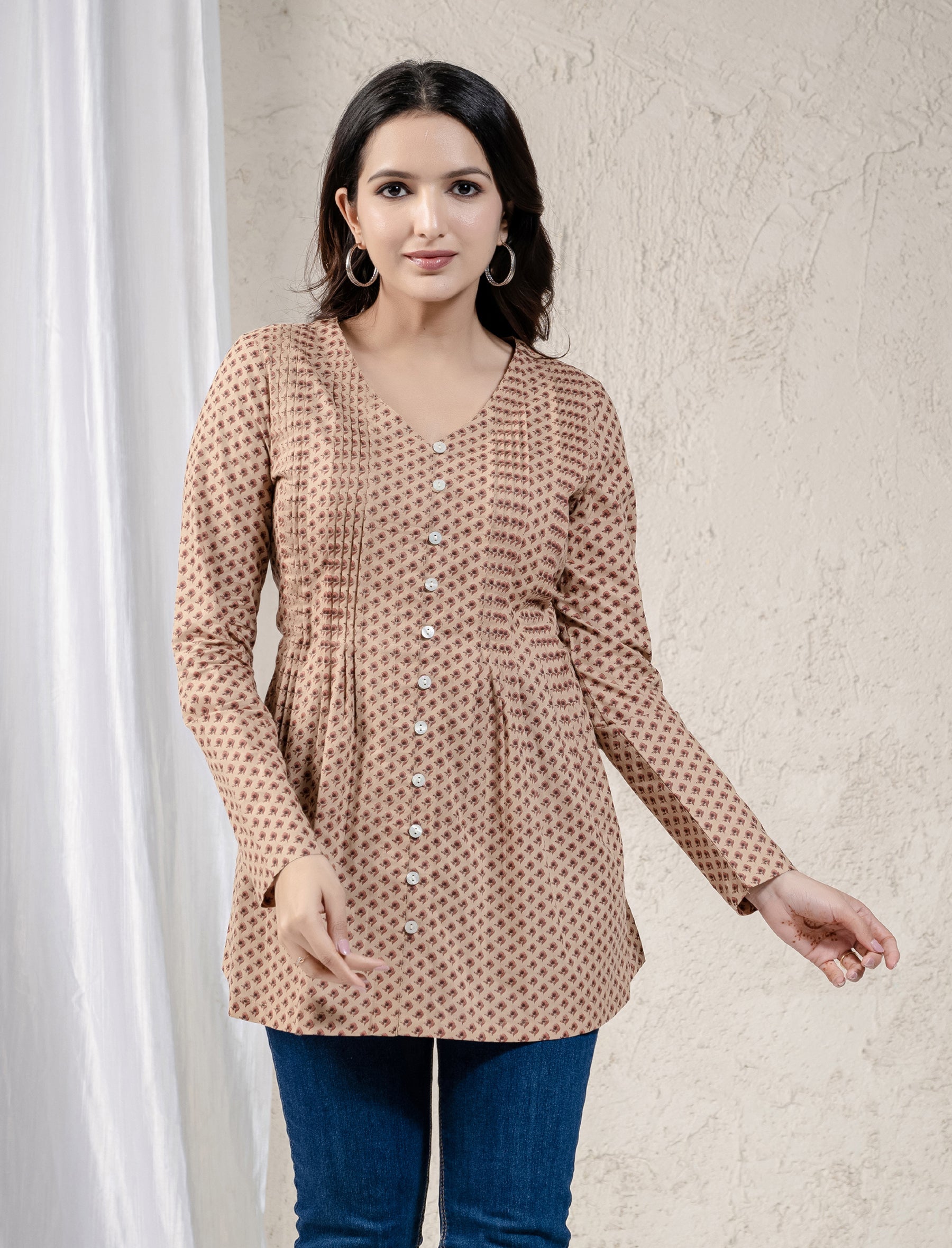 Beige Block Printed Cotton Top