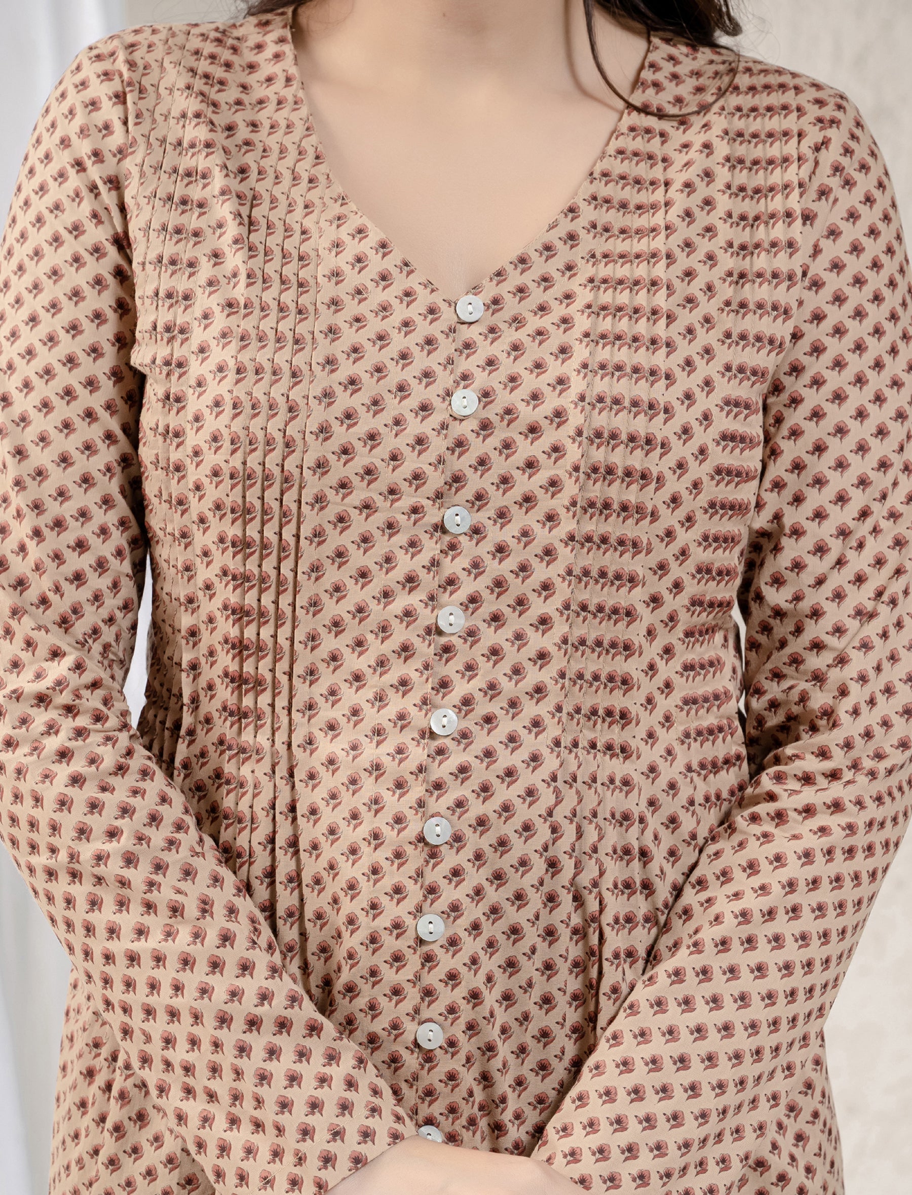 Beige Block Printed Cotton Top