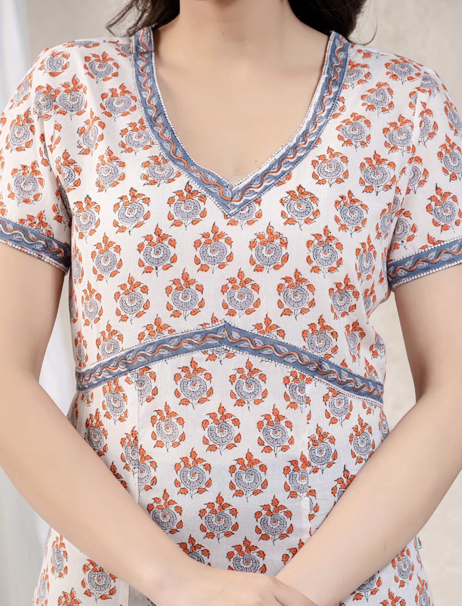 White Red Cotton Hand Block Printed Dress