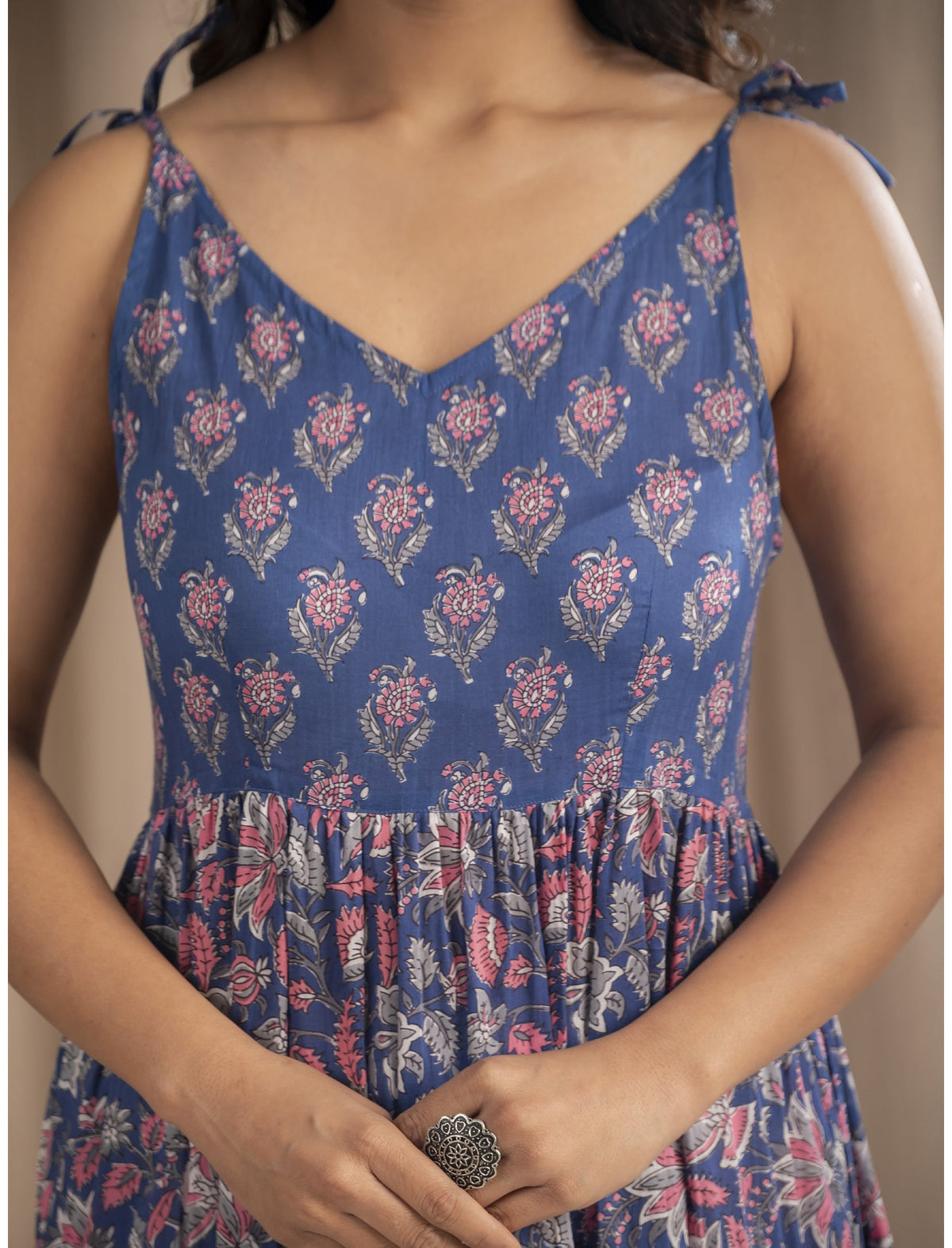 Blue Mulmul Cotton Hand Block Printed Tie Strap Shoulder Dress
