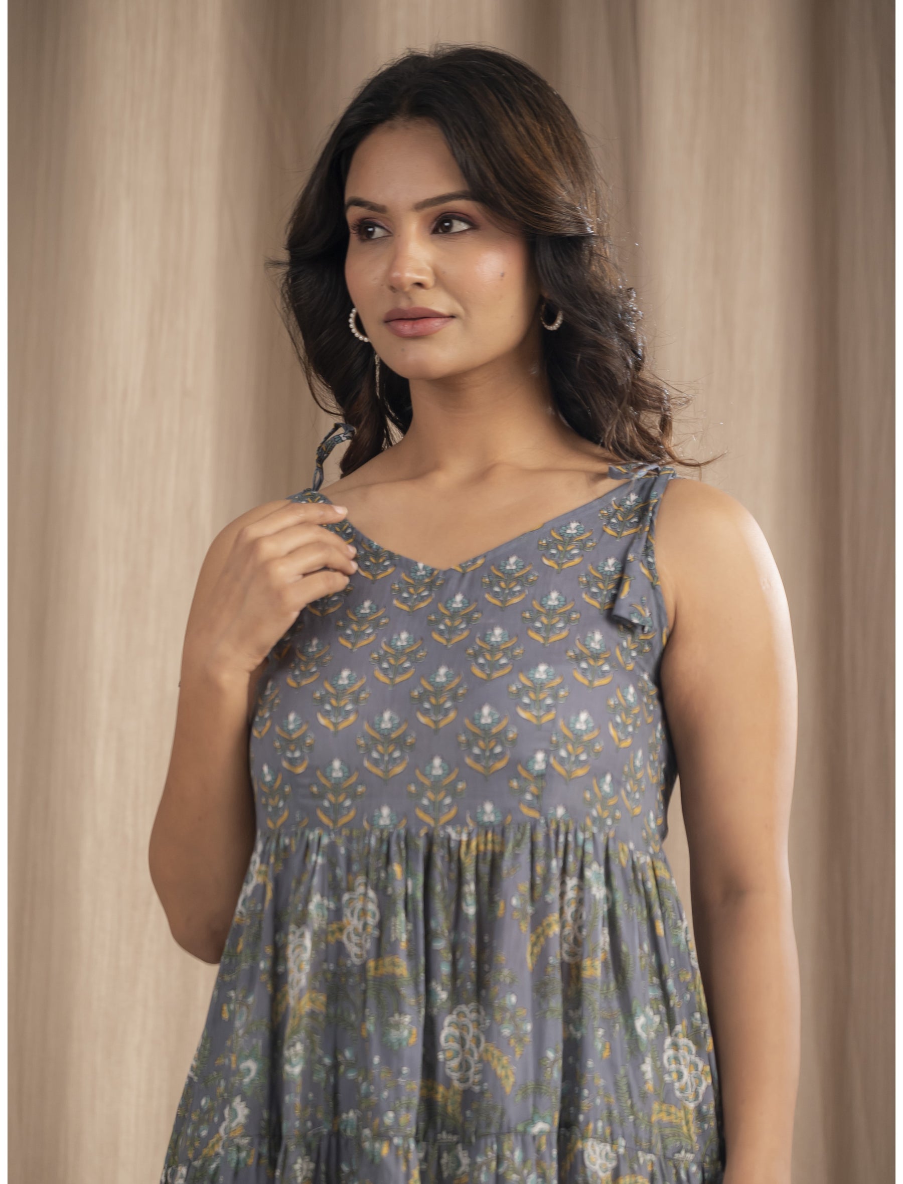 Grey Mulmul Cotton Hand Block Printed Tie Strap Shoulder Dress