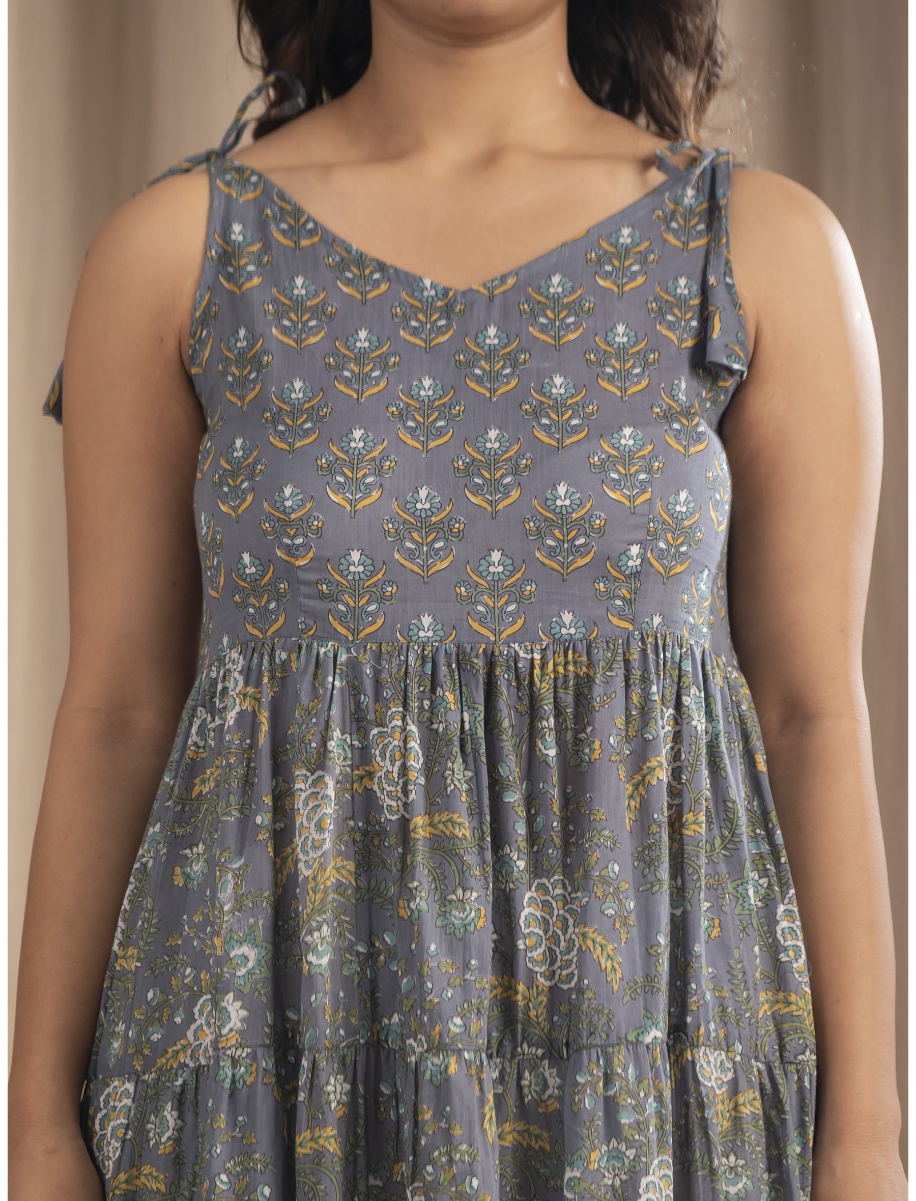 Grey Mulmul Cotton Hand Block Printed Tie Strap Shoulder Dress