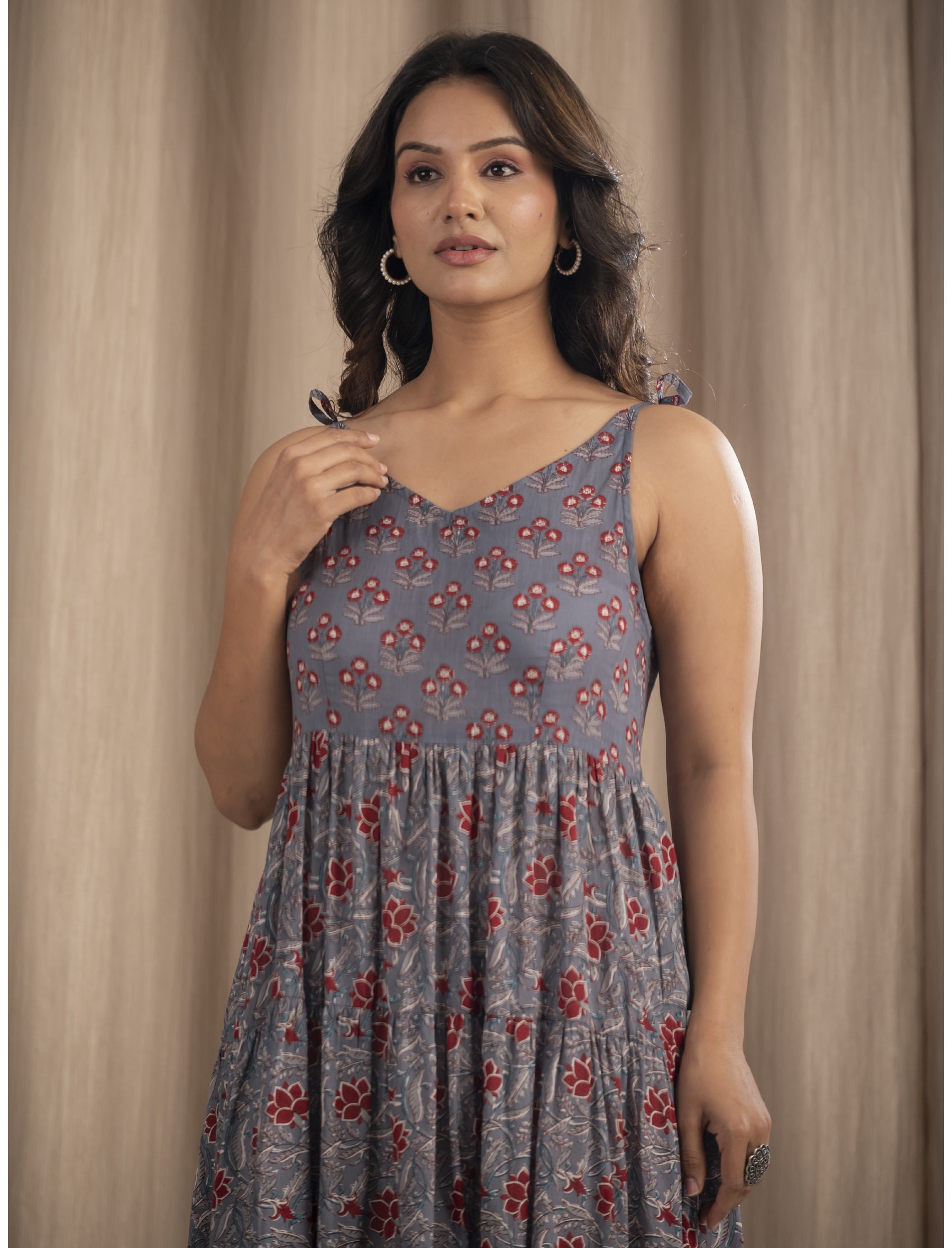 Grey Mulmul Cotton Hand Block Printed Tie Strap Shoulder Dress