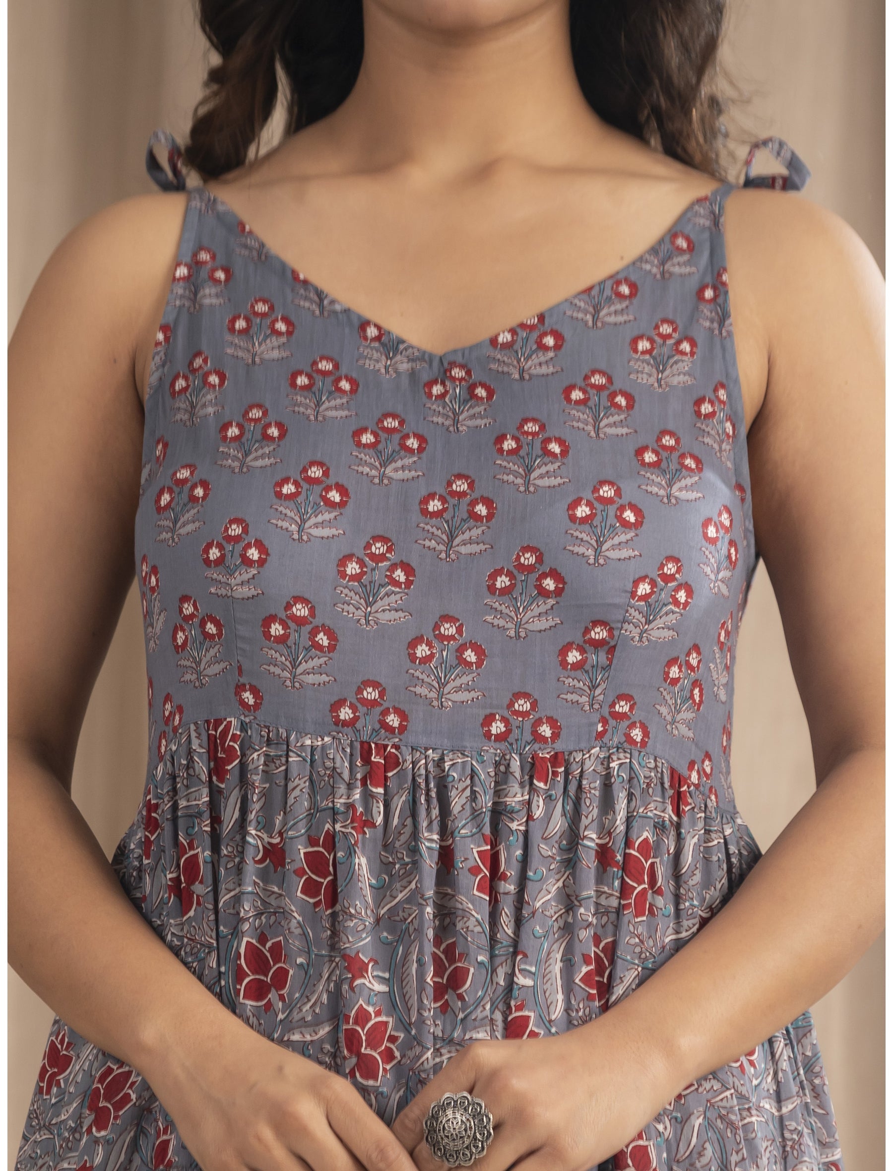 Grey Mulmul Cotton Hand Block Printed Tie Strap Shoulder Dress