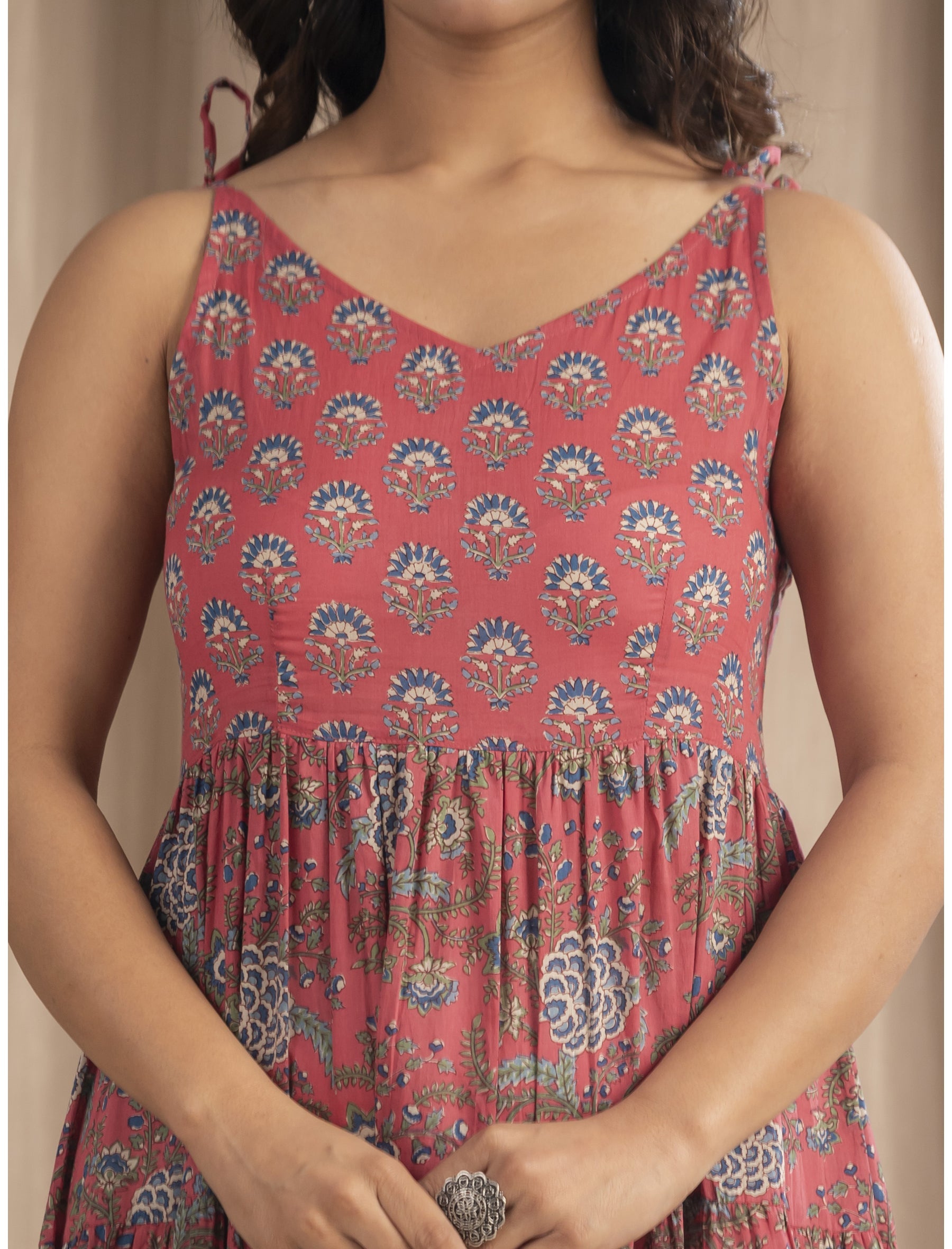 Crimson Mulmul Cotton Hand Block Printed Tie Strap Shoulder Dress