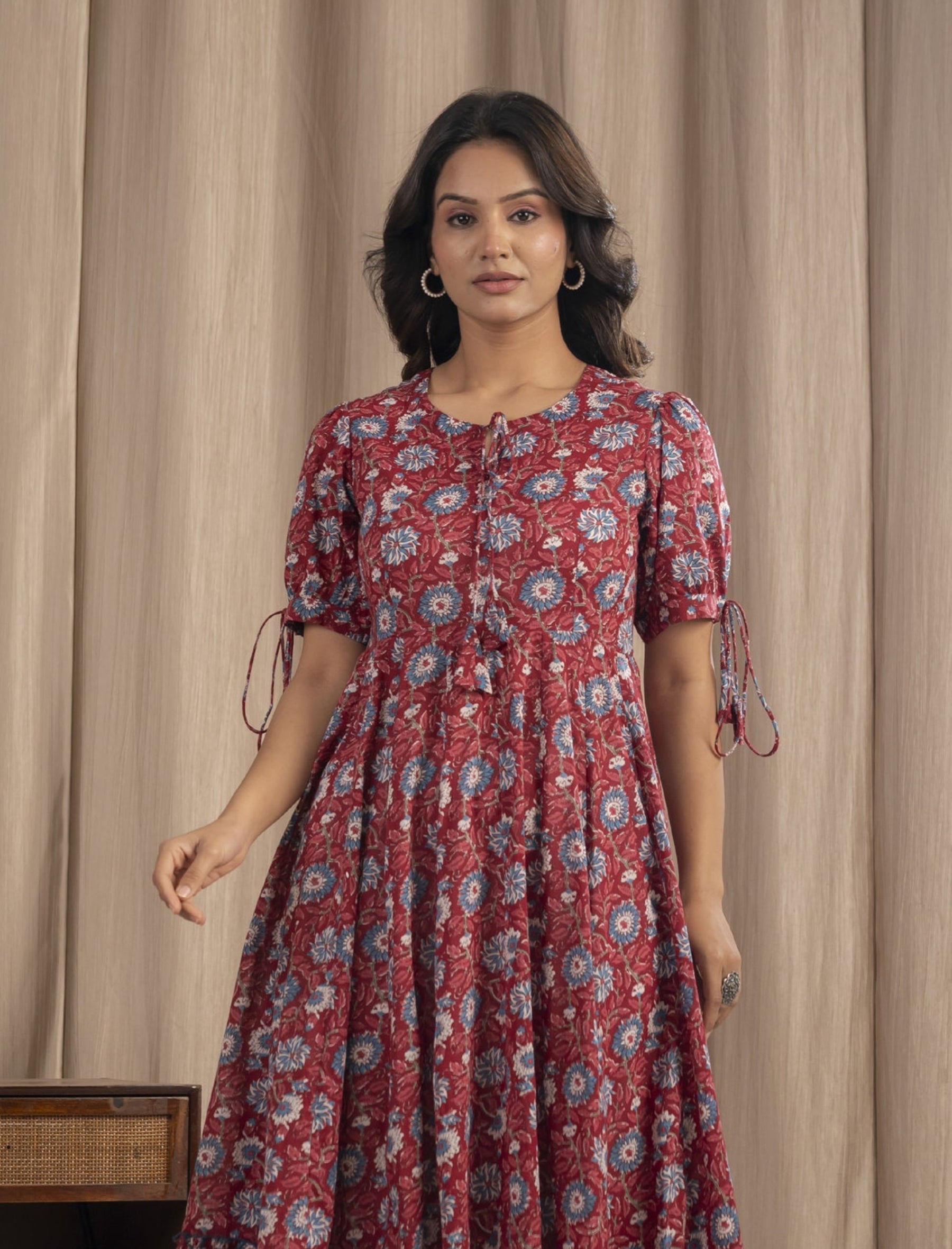 Maroon Mulmul Cotton Hand Block Printed Dress
