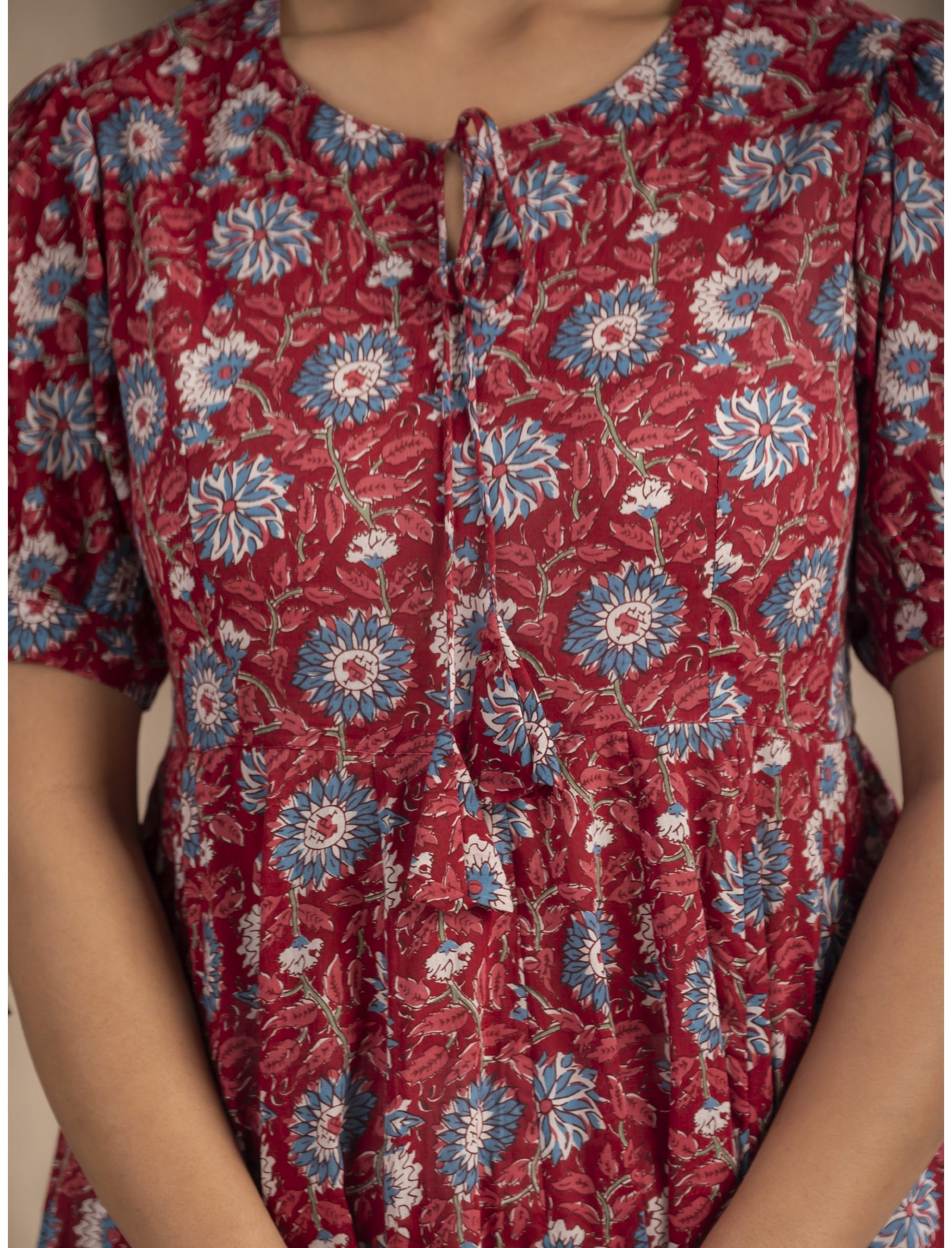 Maroon Mulmul Cotton Hand Block Printed Dress