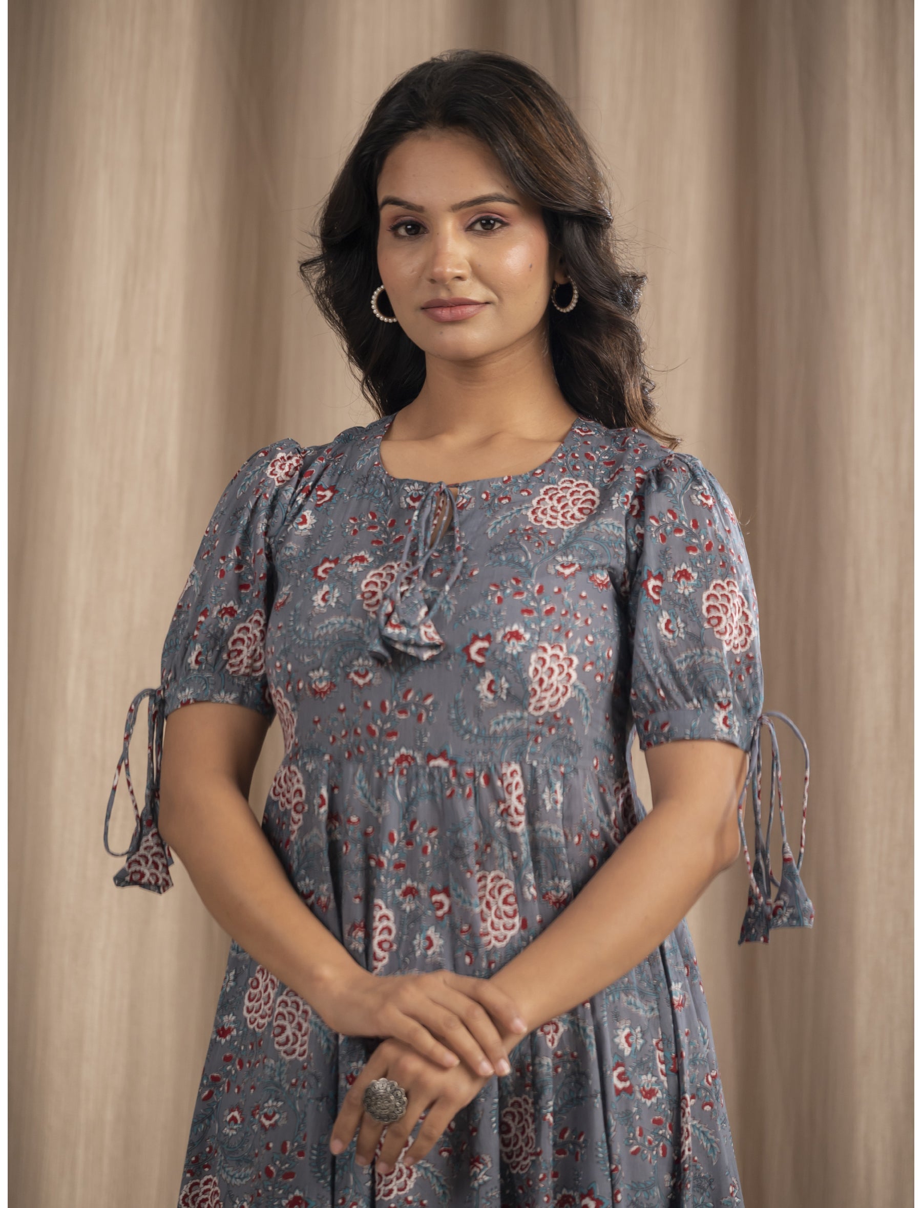 Grey Mulmul Cotton Hand Block Printed Dress
