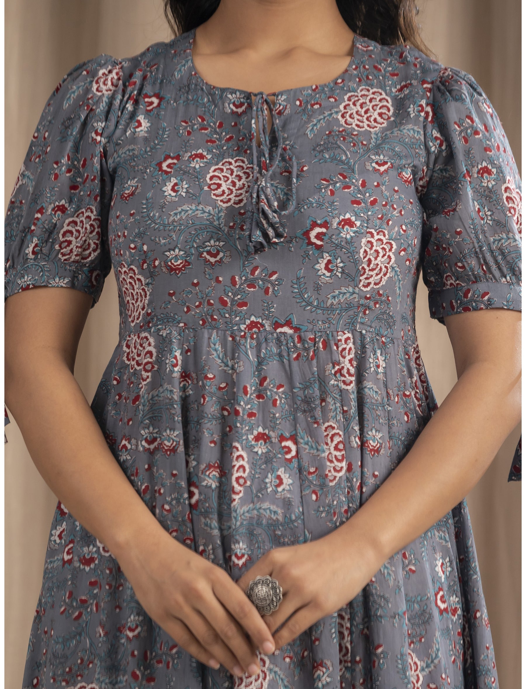 Grey Mulmul Cotton Hand Block Printed Dress