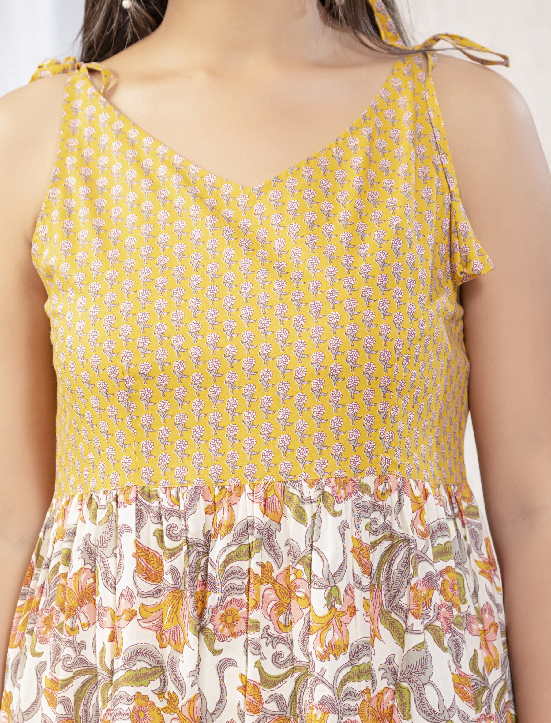 White Yellow Jaal Block Printed Cotton Shoulder Strap Dress