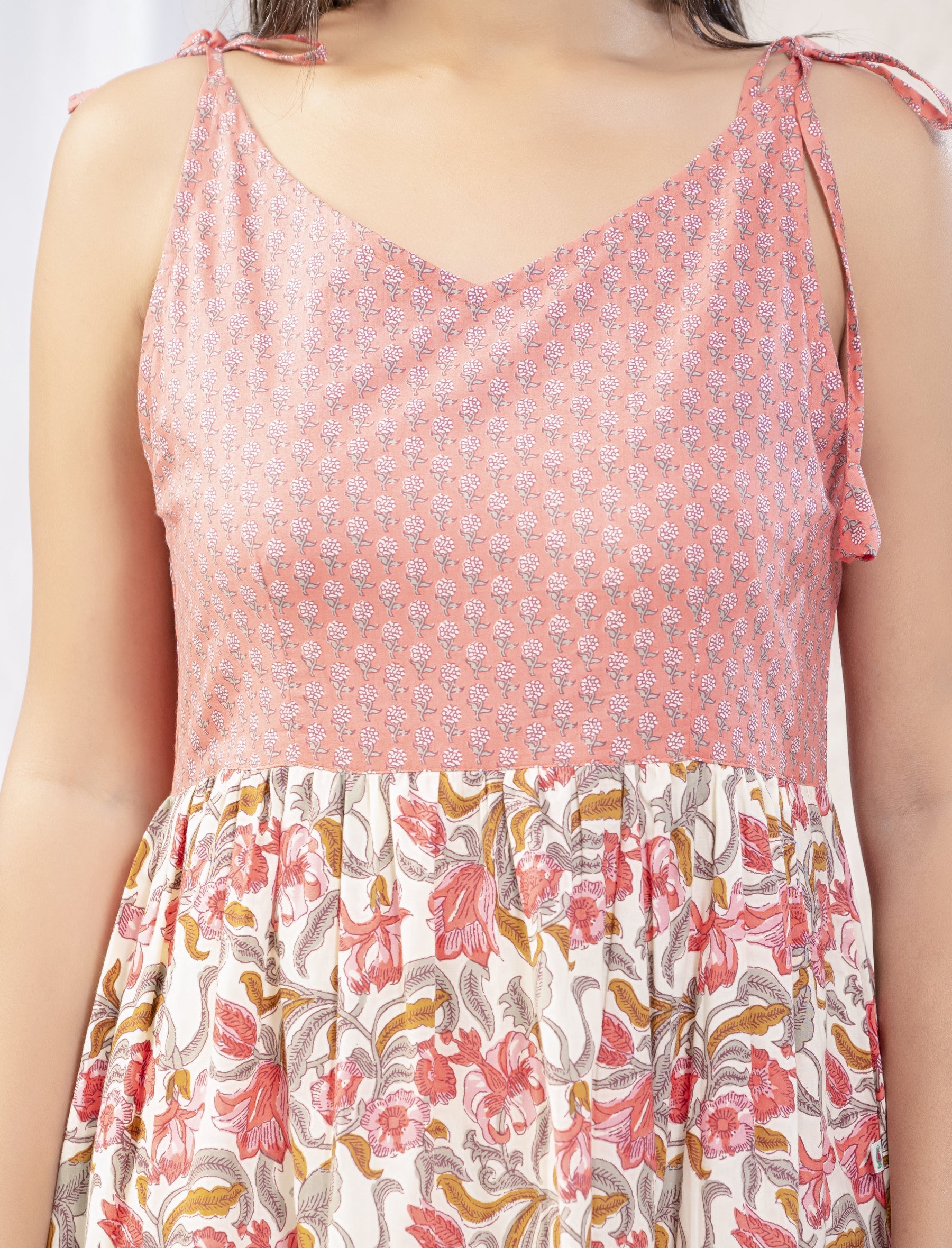 White Pink Jaal Block Printed Cotton Shoulder Strap Dress
