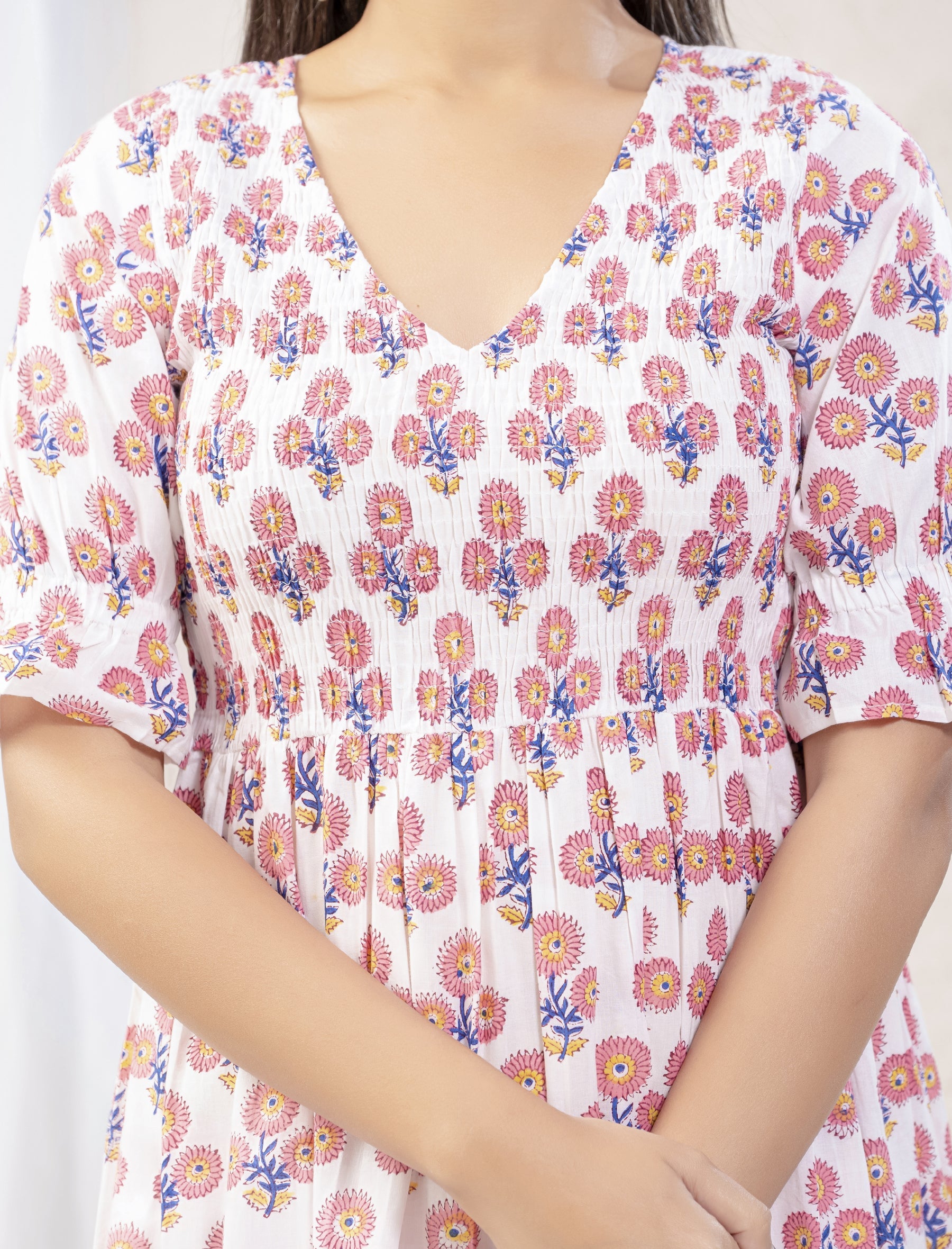 White Pink Butta Printed Cotton Dress