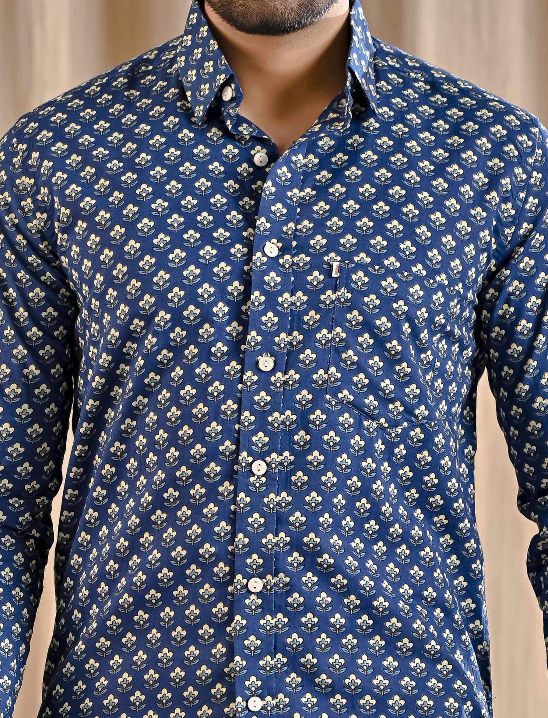 Blue Cotton Printed Full Sleeves Shirt