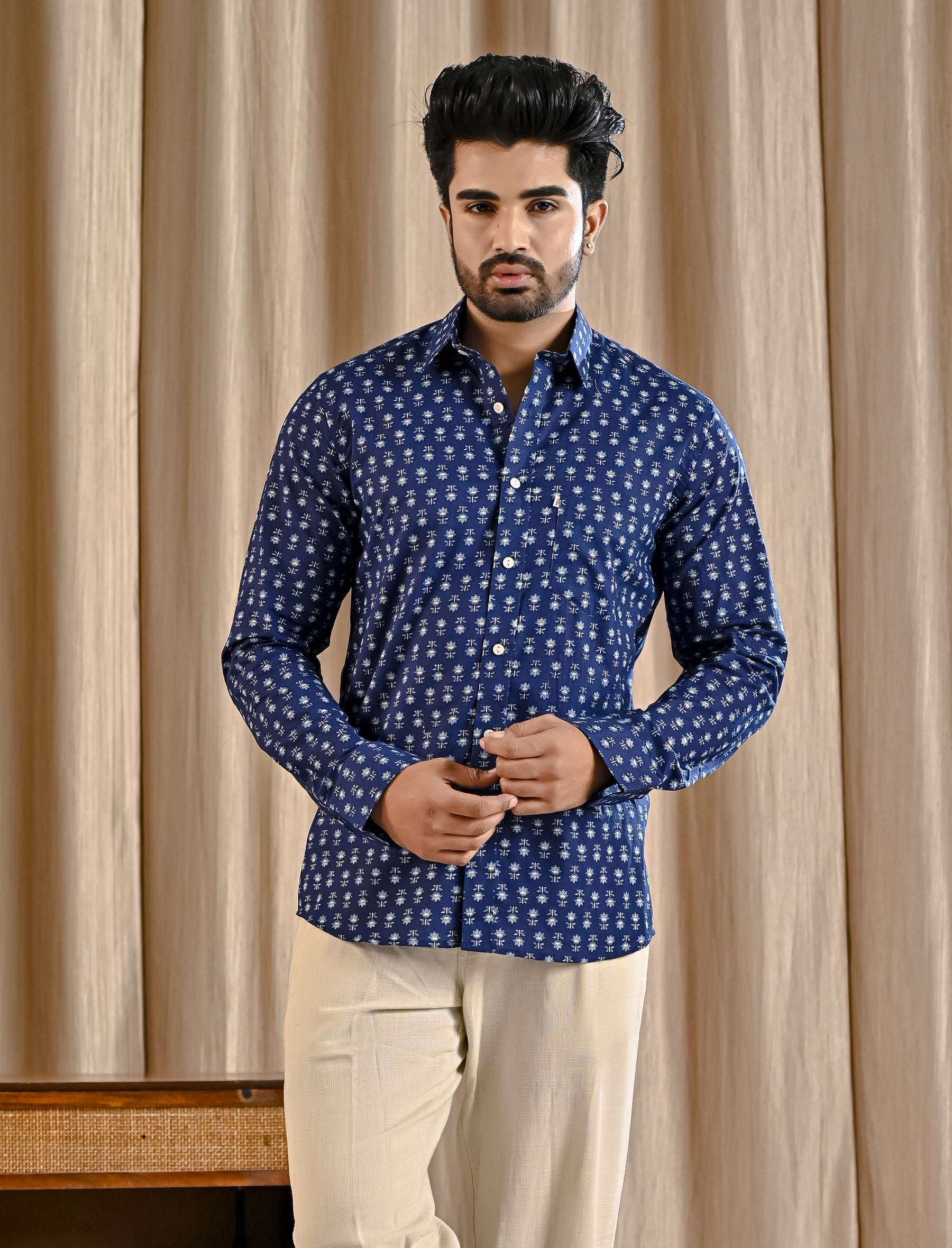 Blue Cotton Printed Full Sleeves Shirt