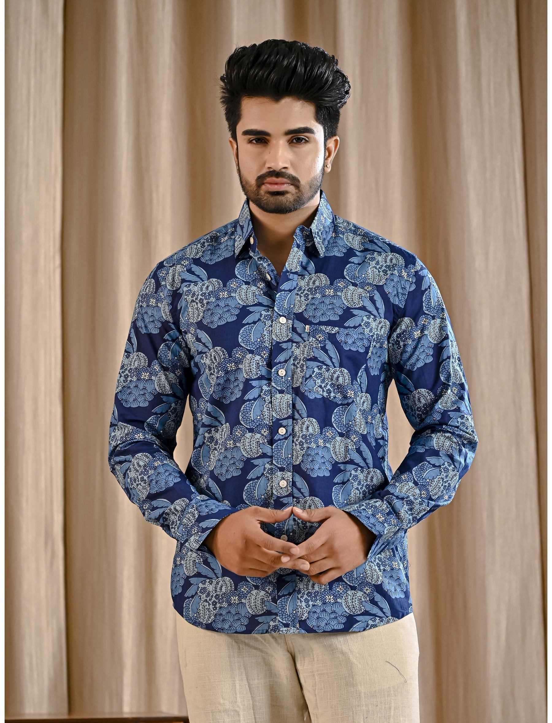 Blue Cotton Printed Full Sleeves Shirt