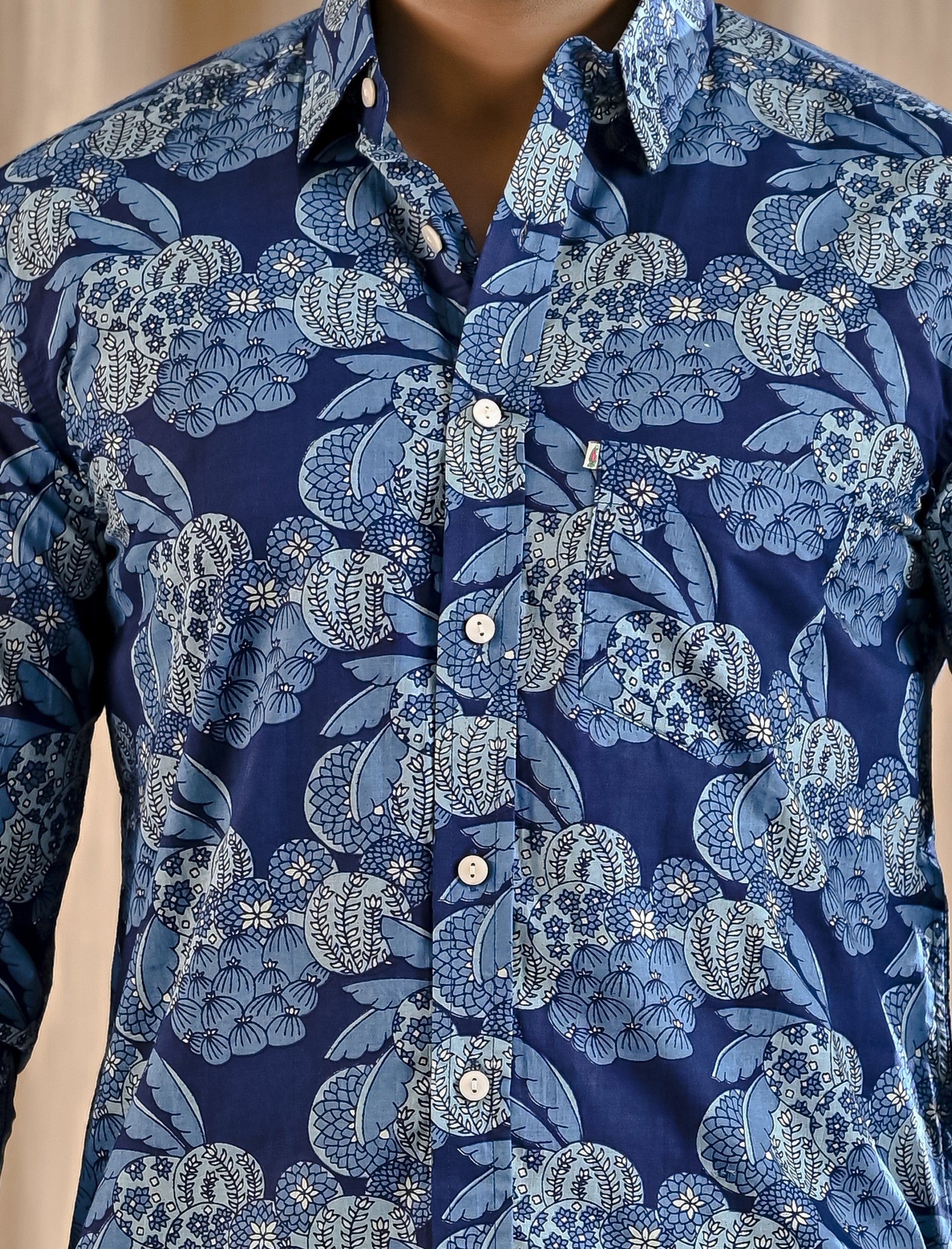 Blue Cotton Printed Full Sleeves Shirt