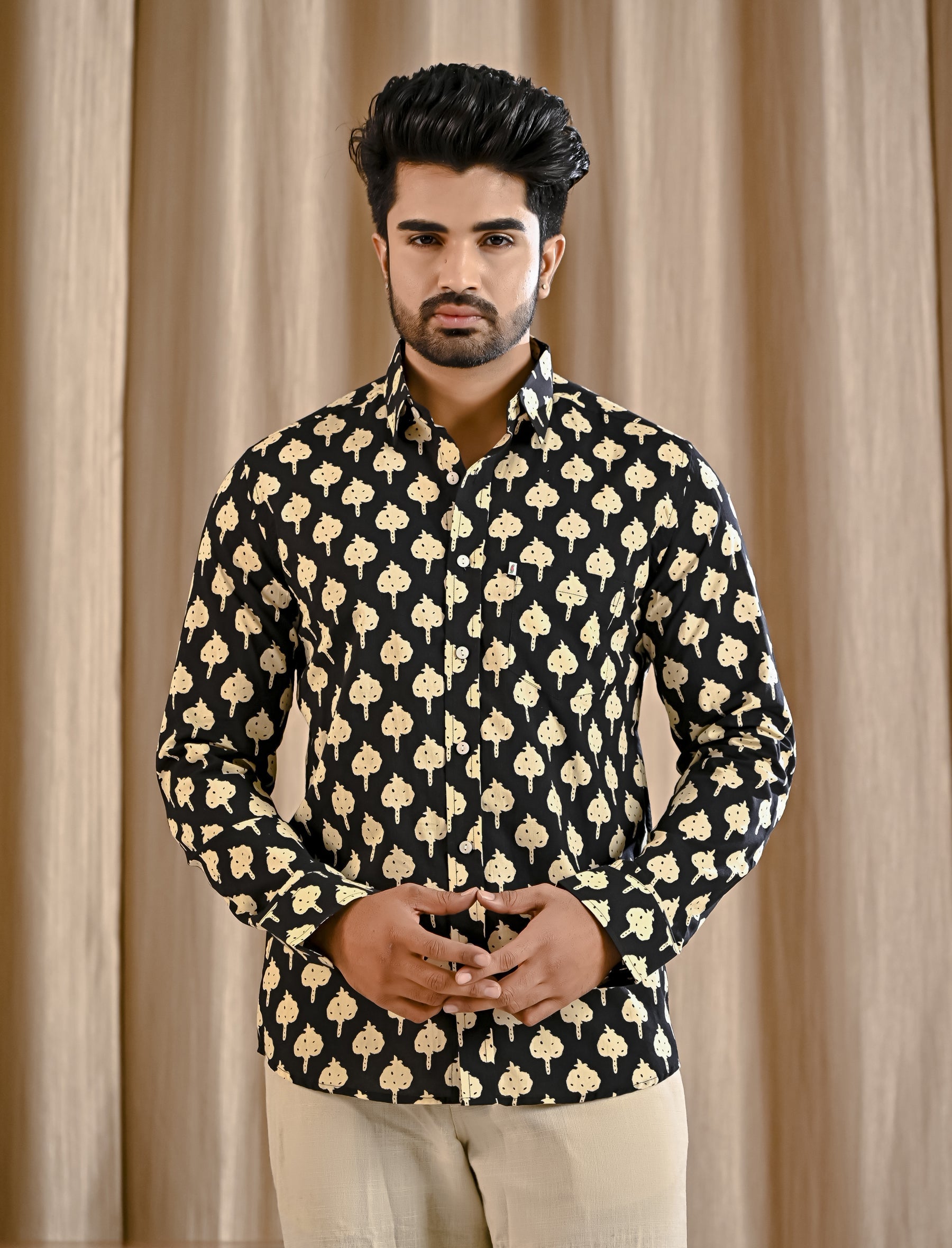 Black Cotton Printed Full Sleeves Shirt