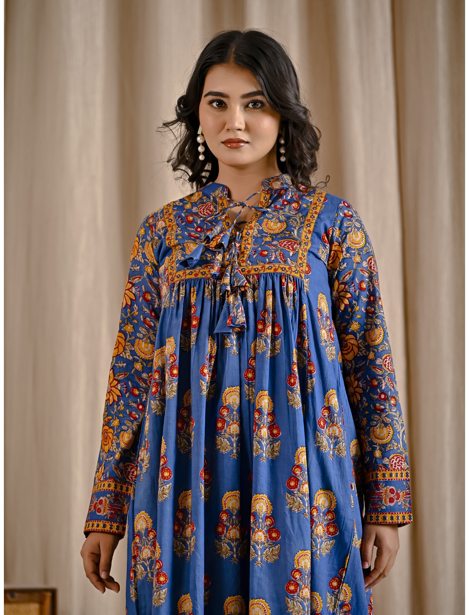 Blue Cotton Printed Flared Dress With Front Tassels