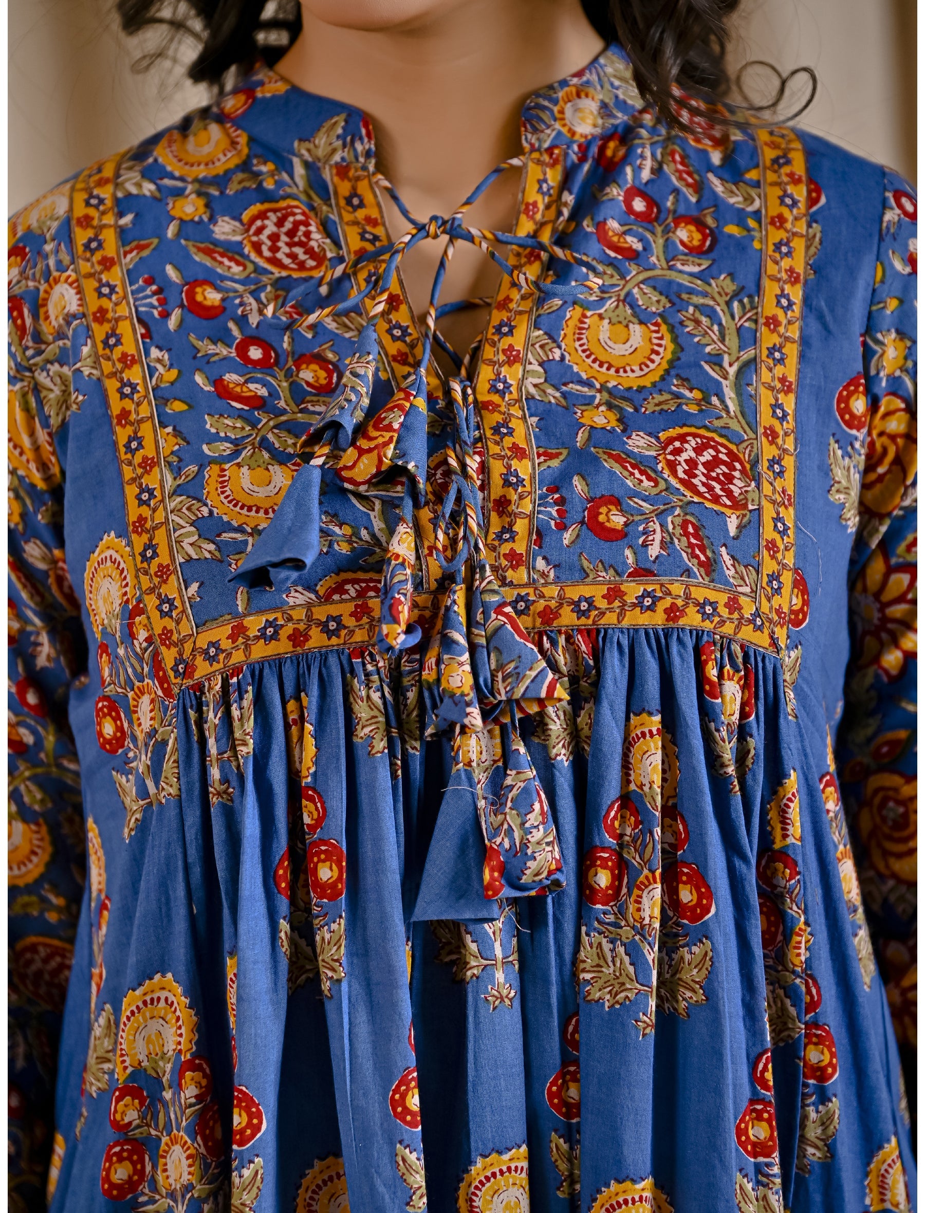 Blue Cotton Printed Flared Dress With Front Tassels