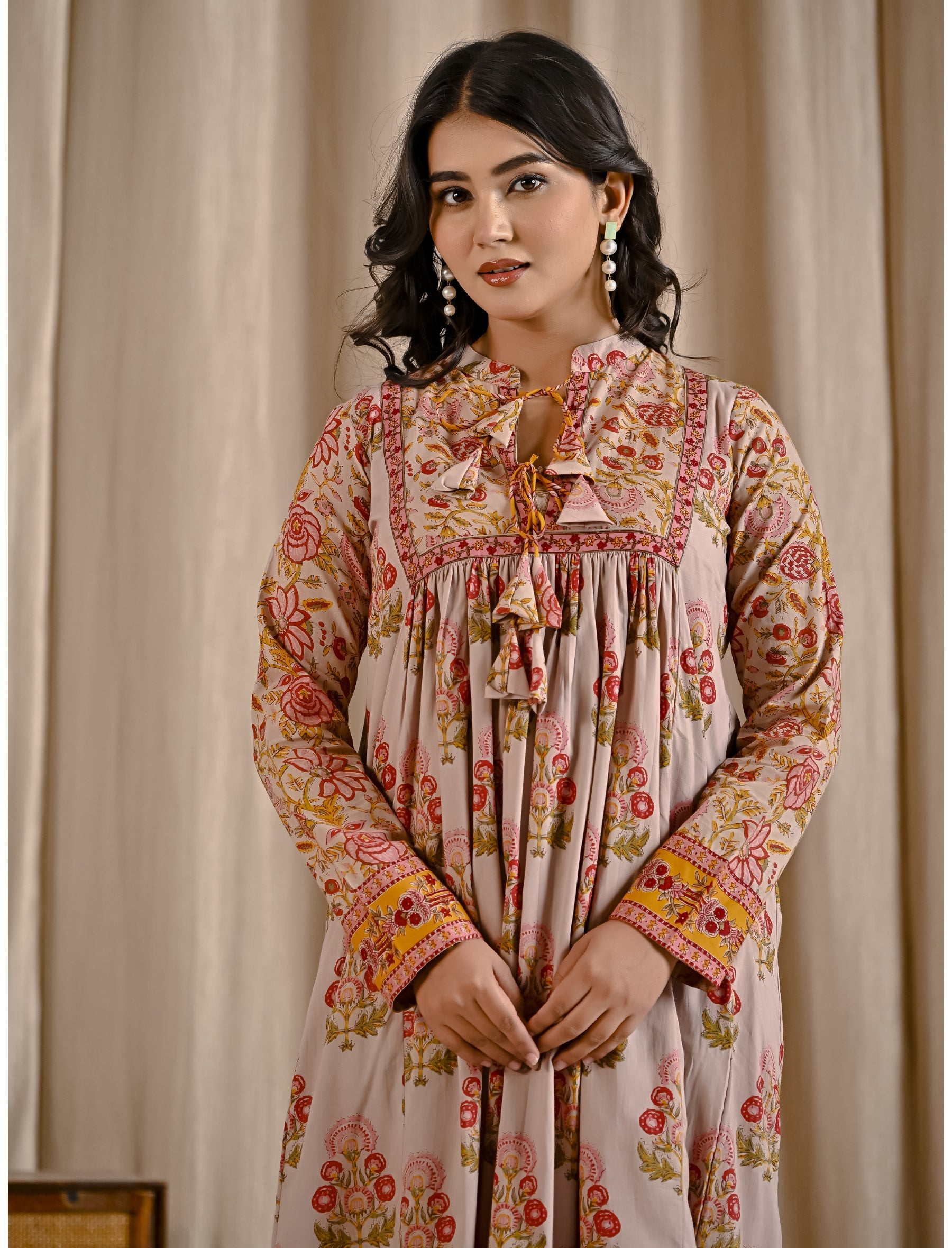 Beige Peach Cotton Printed Flared Dress With Front Tassels