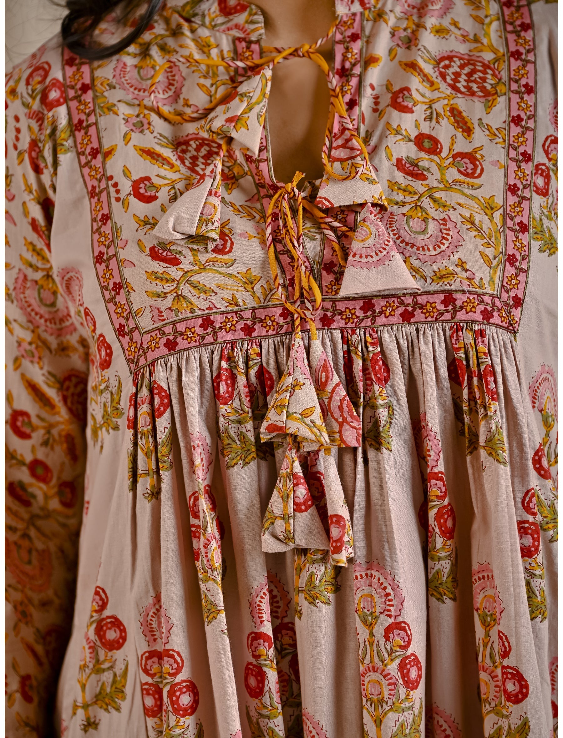 Beige Peach Cotton Printed Flared Dress With Front Tassels