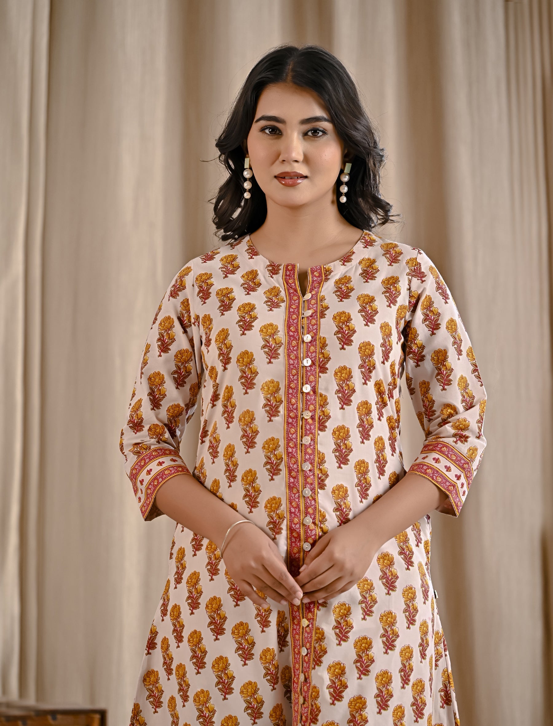 White Yellow Butti Block Printed Cotton Aline Kurti