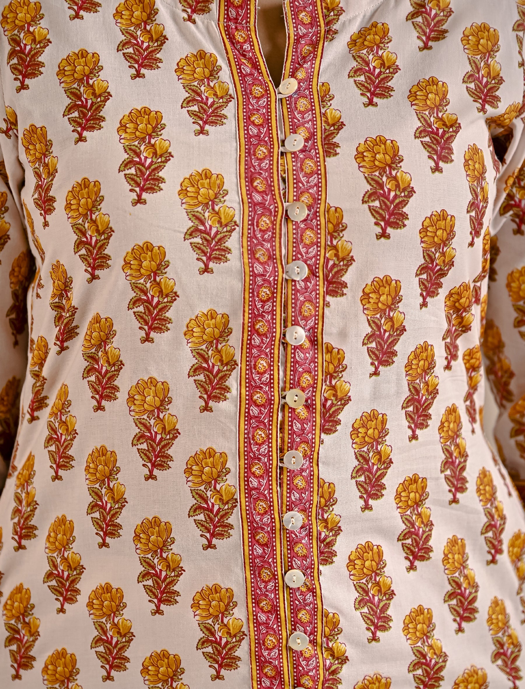 White Yellow Butti Block Printed Cotton Aline Kurti