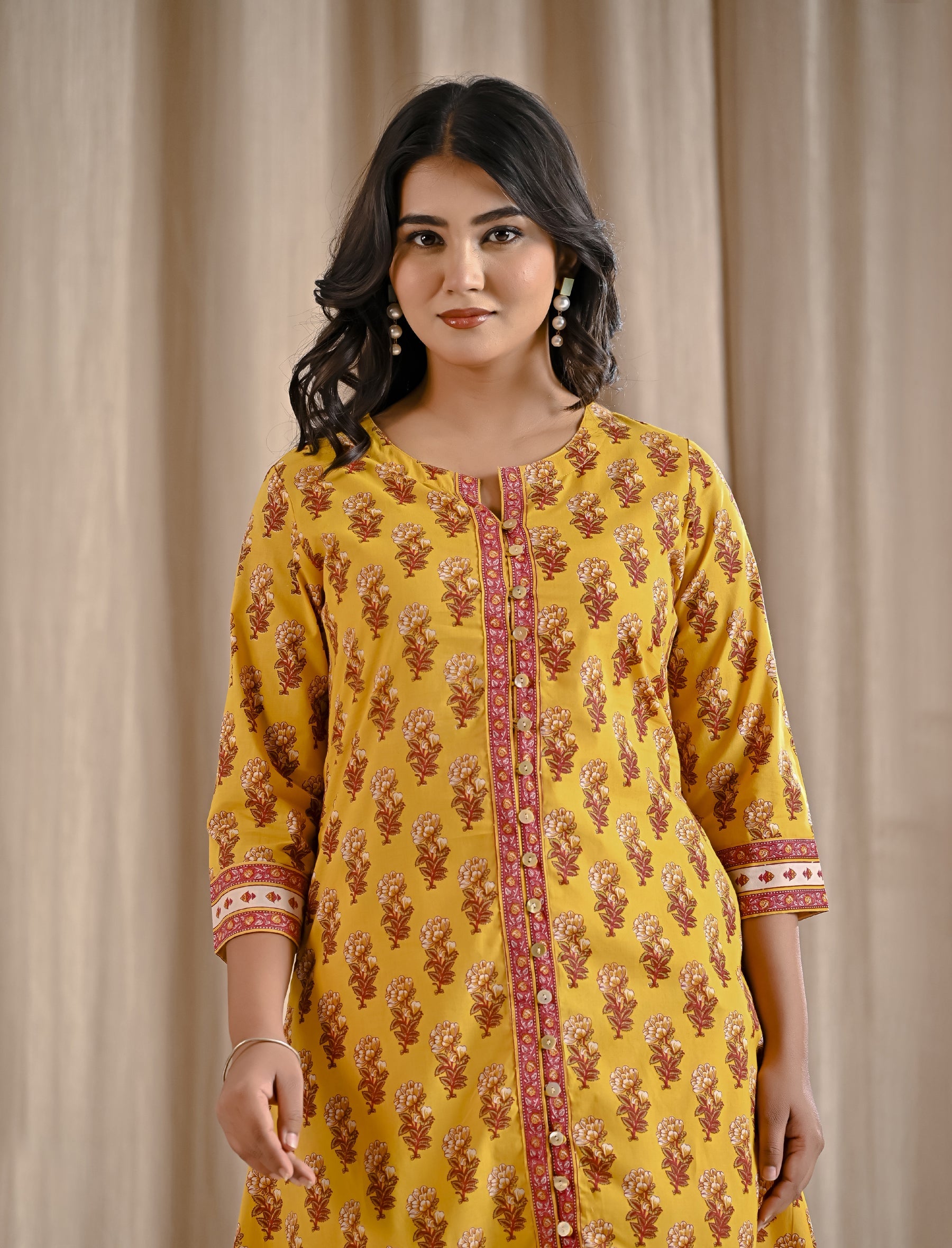 Yellow Butti Block Printed Cotton Aline Kurti