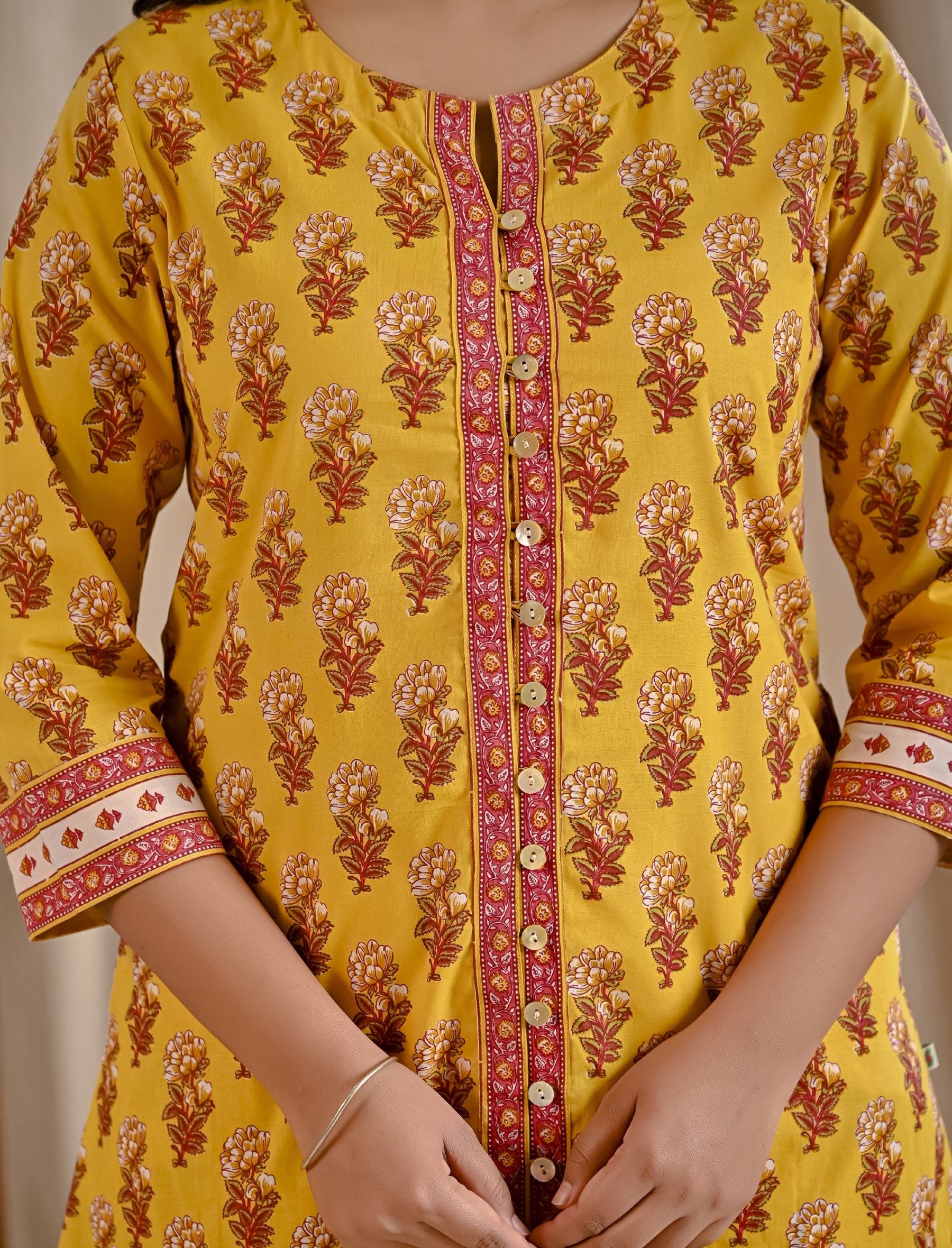 Yellow Butti Block Printed Cotton Aline Kurti