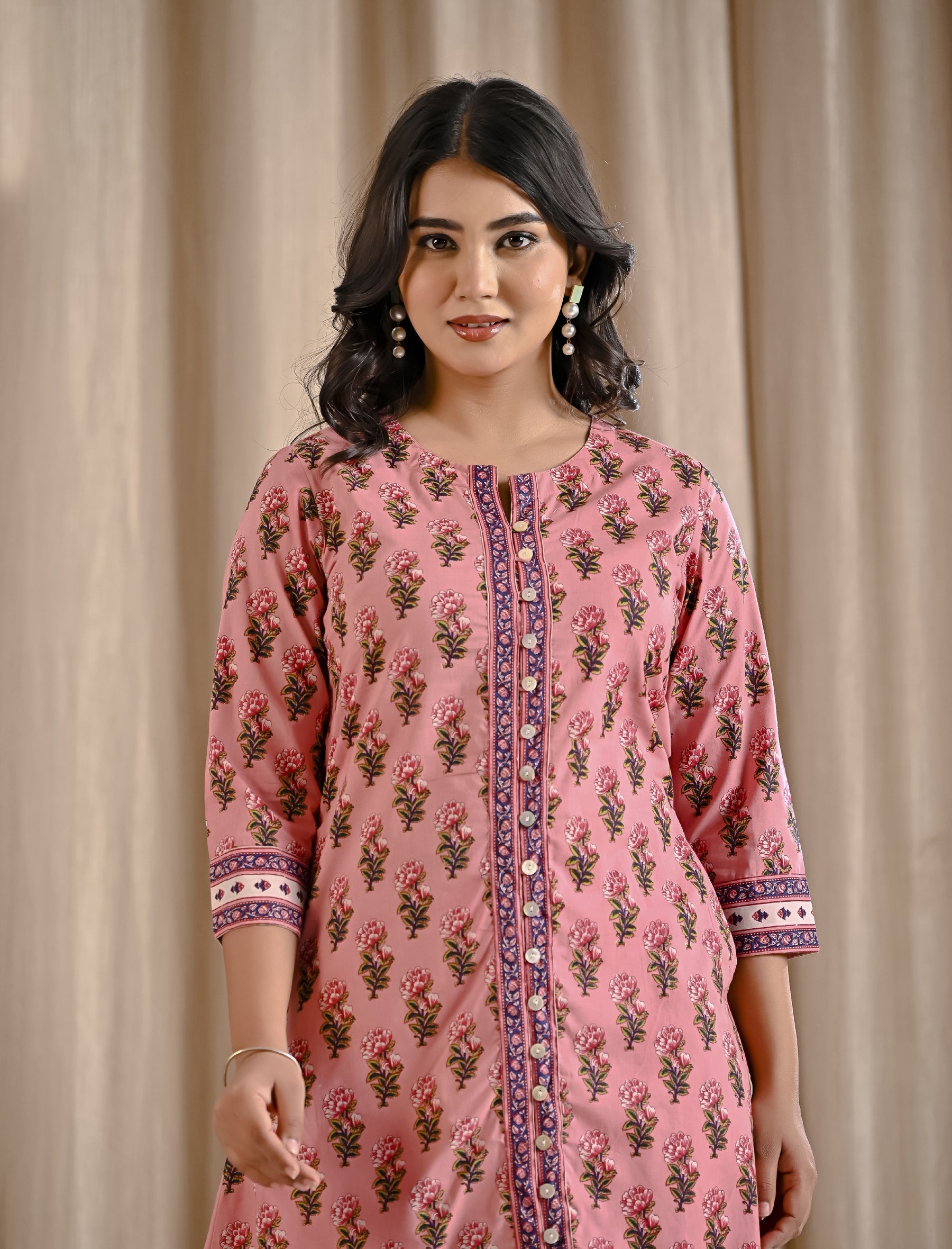 Pink Butti Block Printed Cotton Aline Kurti