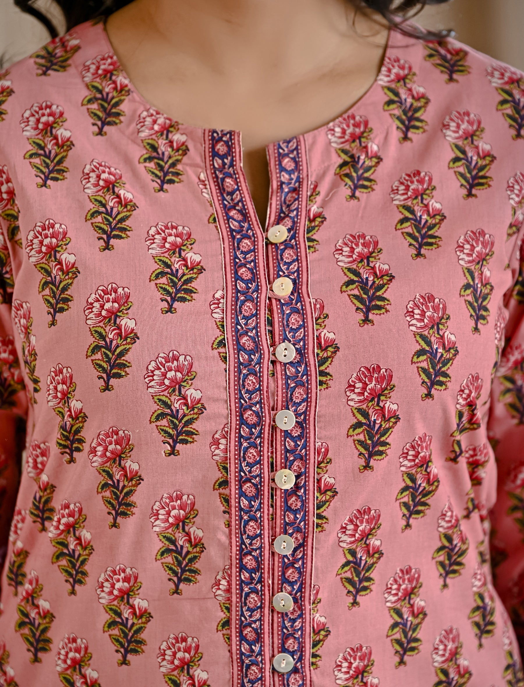 Pink Butti Block Printed Cotton Aline Kurti
