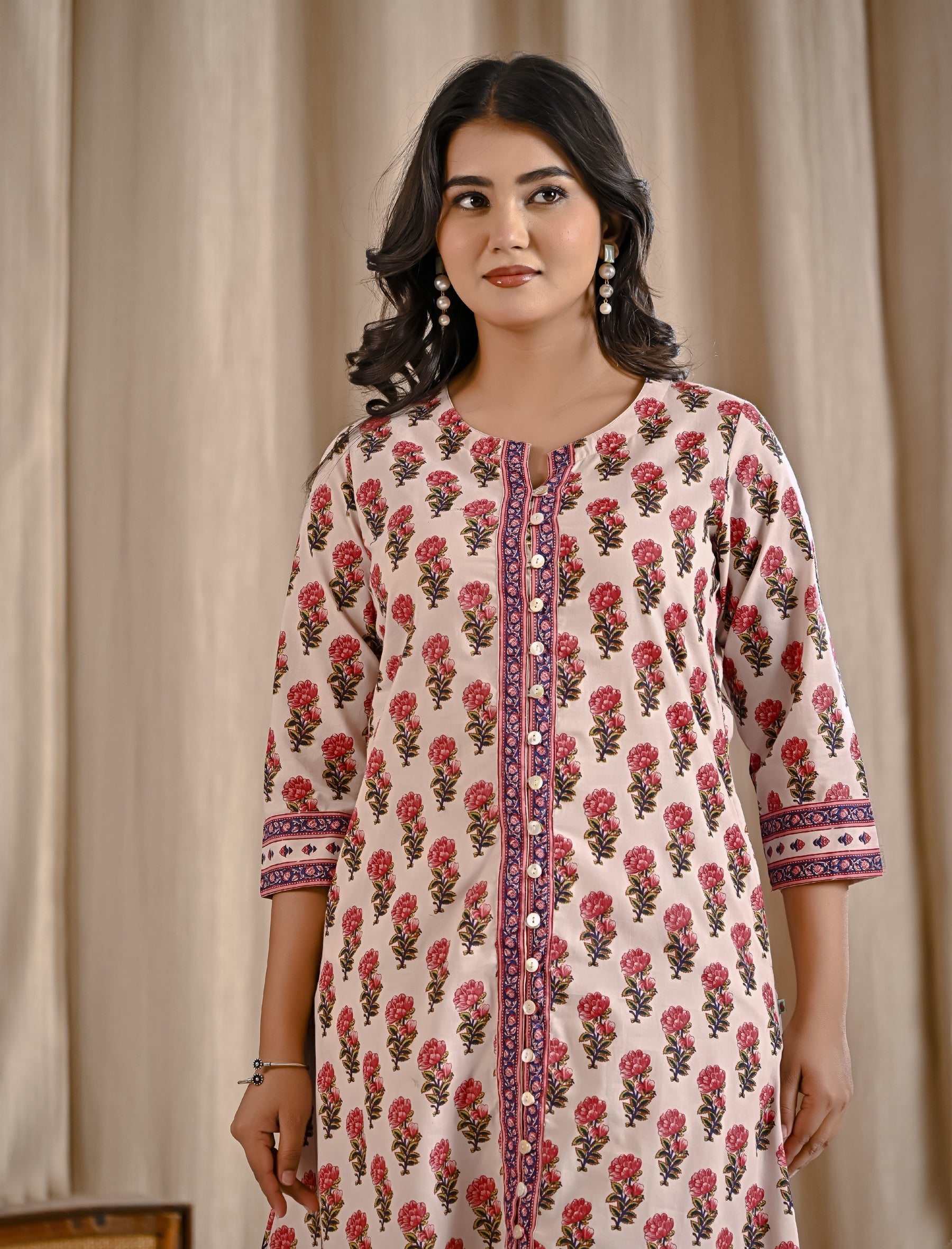 Pink Butti Block Printed Cotton Aline Kurti