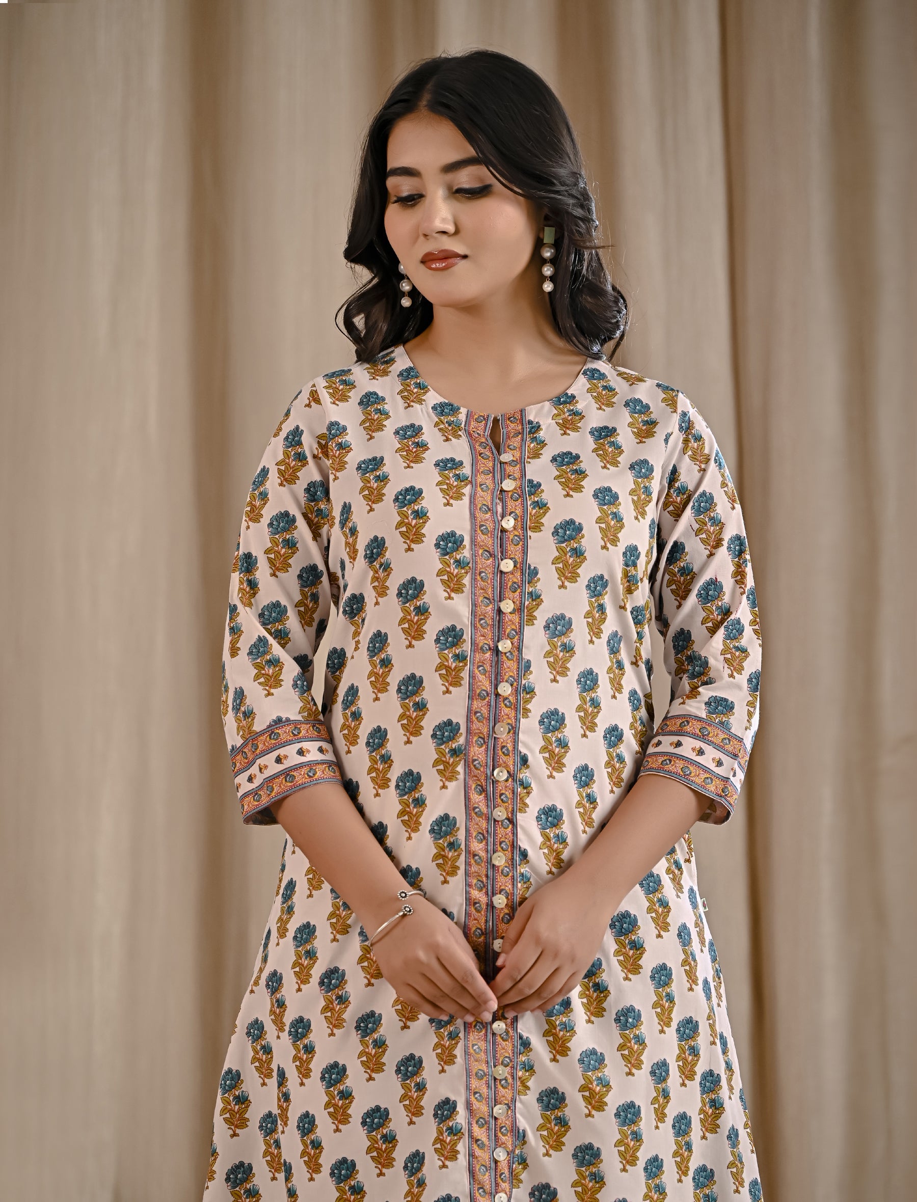 Sea Green Butti Block Printed Cotton Aline Kurti