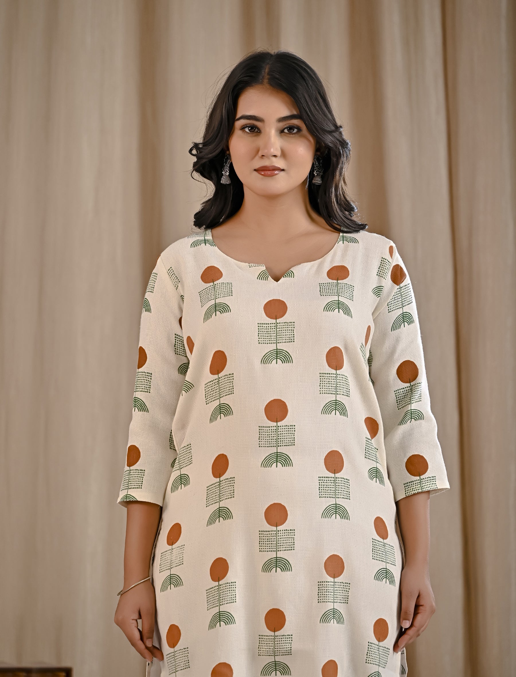 White Mustard Butta Block Printed Jute Cotton Straight Kurti