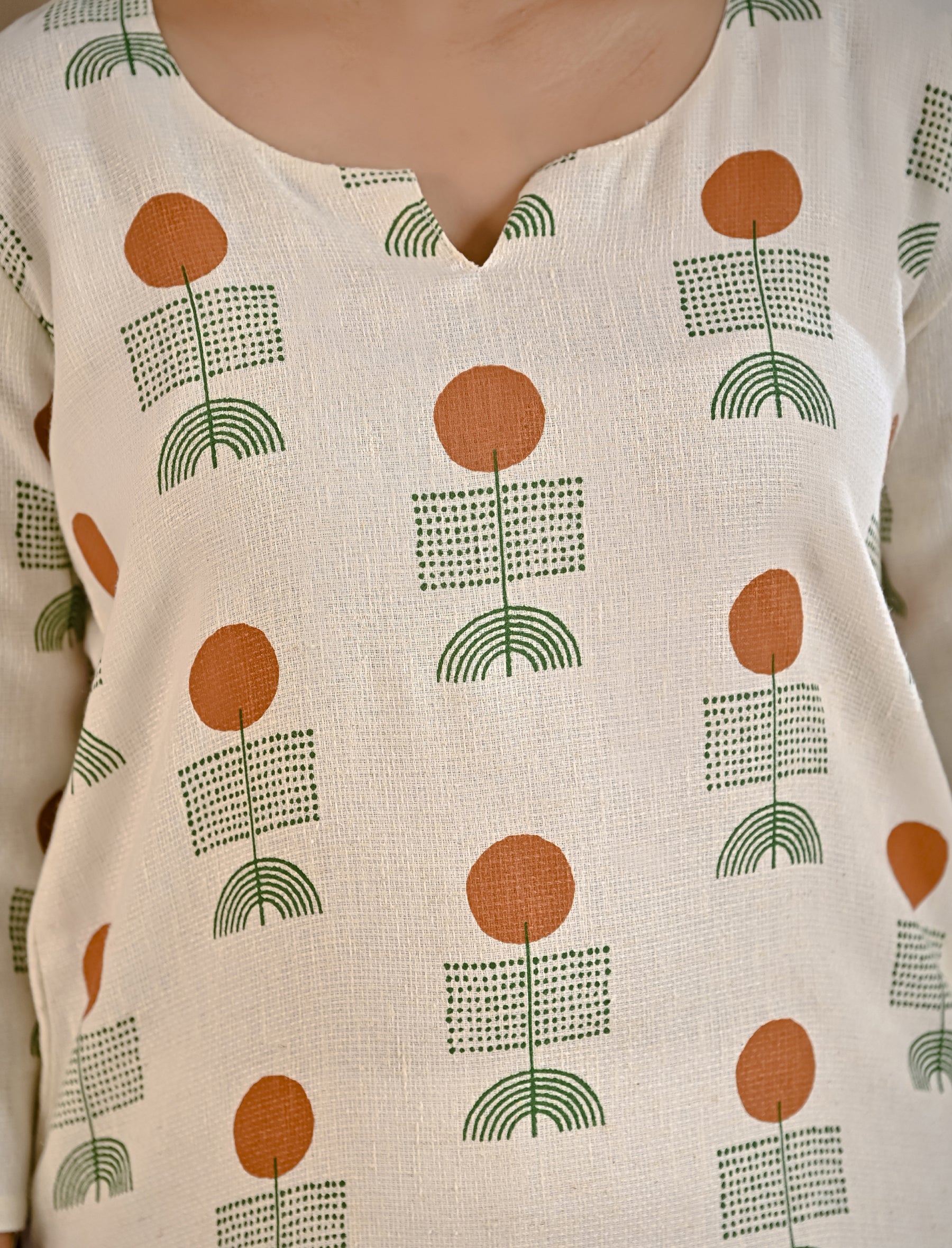 White Mustard Butta Block Printed Jute Cotton Straight Kurti