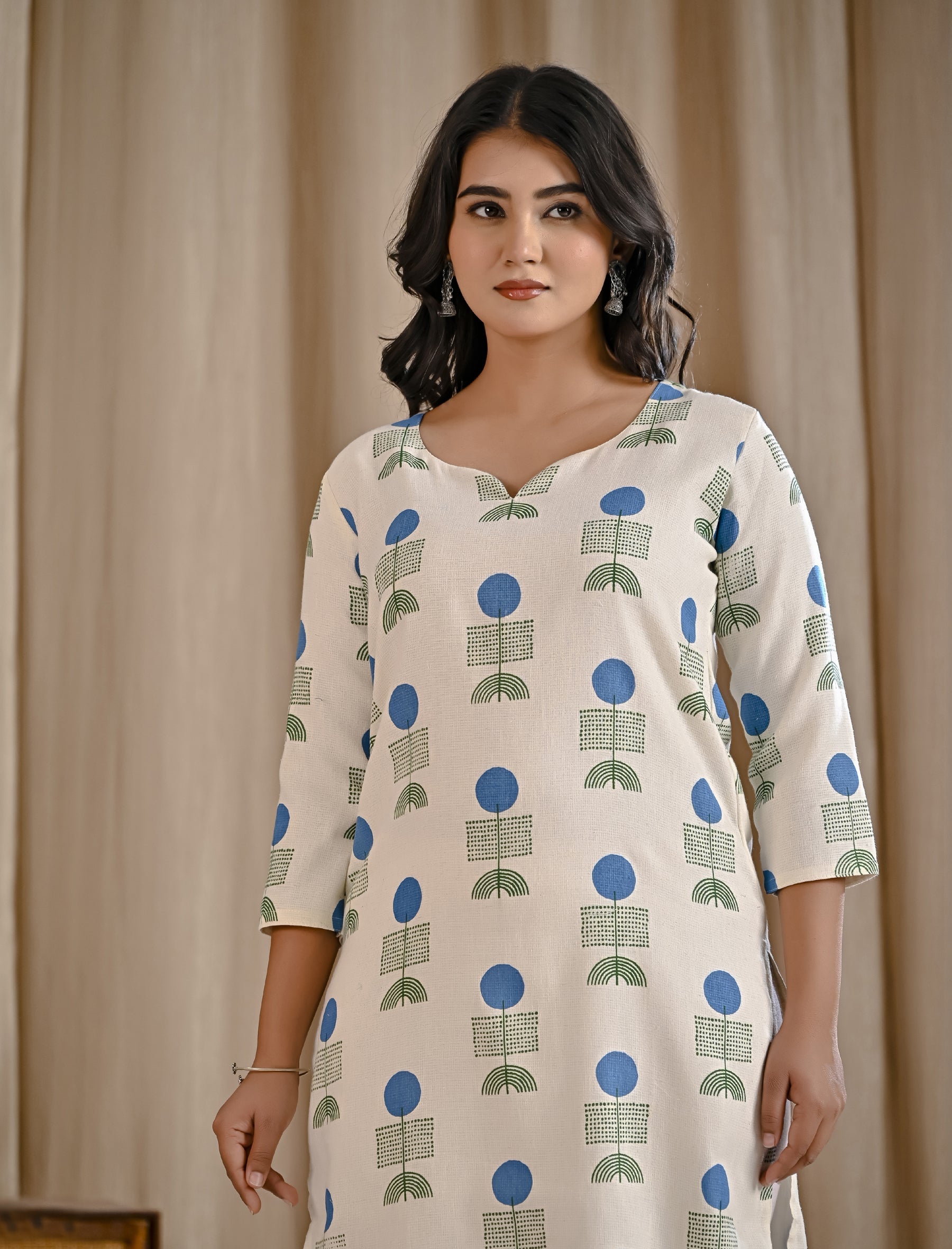 White Blue Butta Block Printed Jute Cotton Straight Kurti