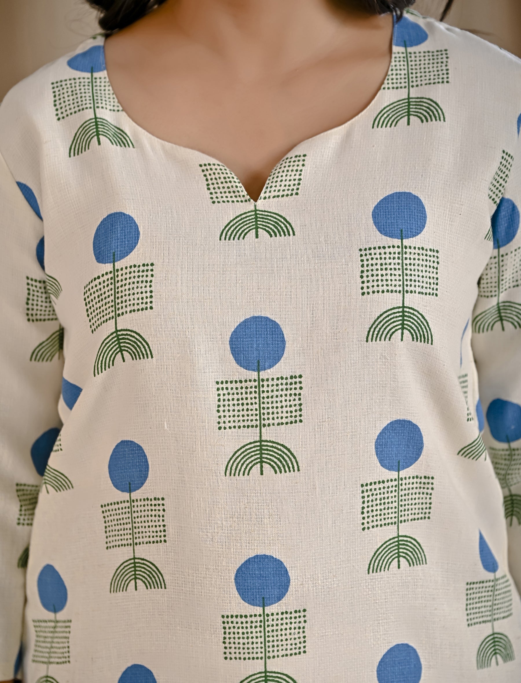 White Blue Butta Block Printed Jute Cotton Straight Kurti