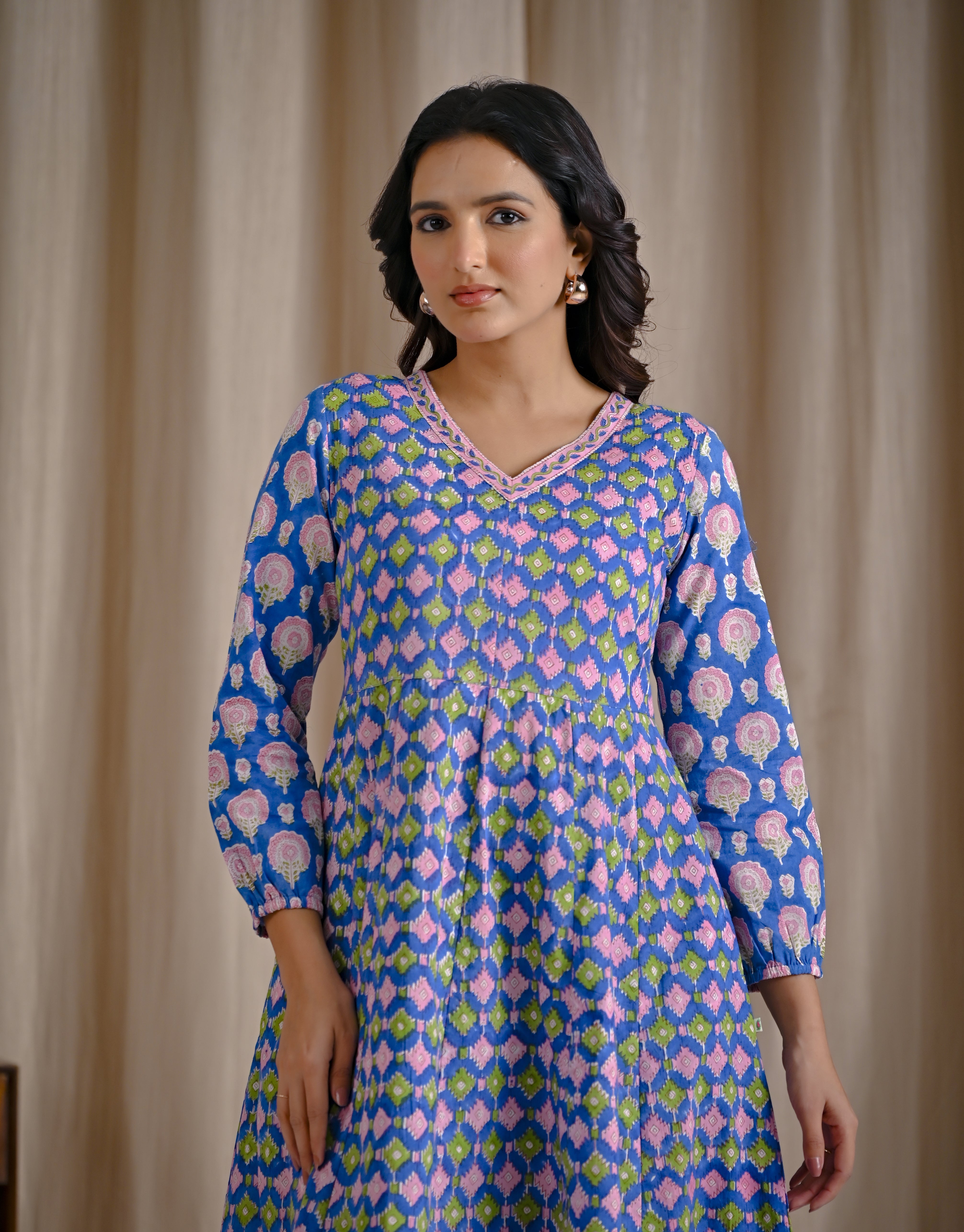 Blue Hand Block Cotton Printed Anarkali Dress